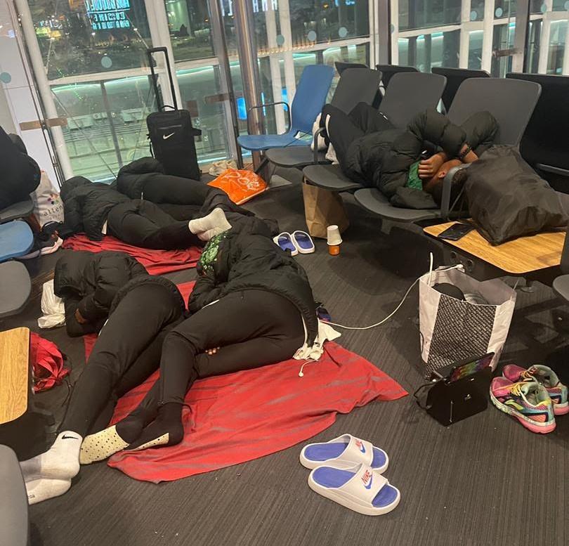 Falconets sleep on the floor at Turkish Airport