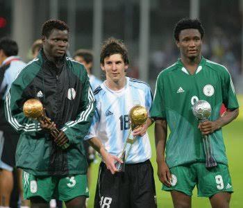 Mikel Obi and Taye Taiwo flank Lionel Messi