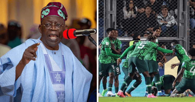 President Bola Tinubu reacts after Flying Eagles’ Ibrahim Muhammad’s goal dedication