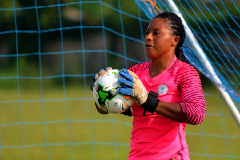 EPE, NIGERIA - NOVEMEBER 1,2018: Tochukwu Oluehi of Nigeria during a friendly match between Super Falcons of Nigeria and Dominion Hotspur Fc of Nigeria in preparation for Africa Women Cup of Nations at Athlantic Hall on November 01, 2018 in Epe,Nigeria. (Photo by Segun Ogunfeyitimi/Gallo Images)