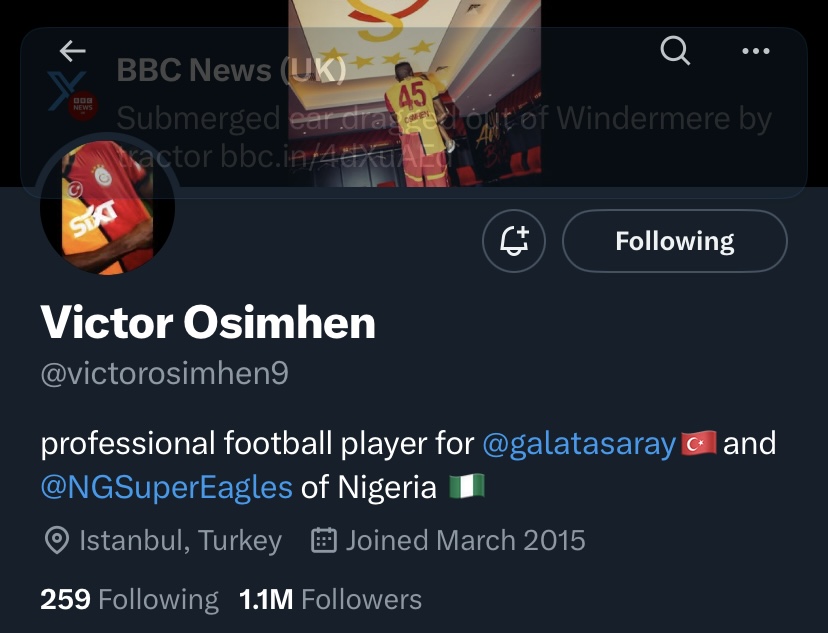 Victor Osimhen changes X bio from Napoli to Galatasaray