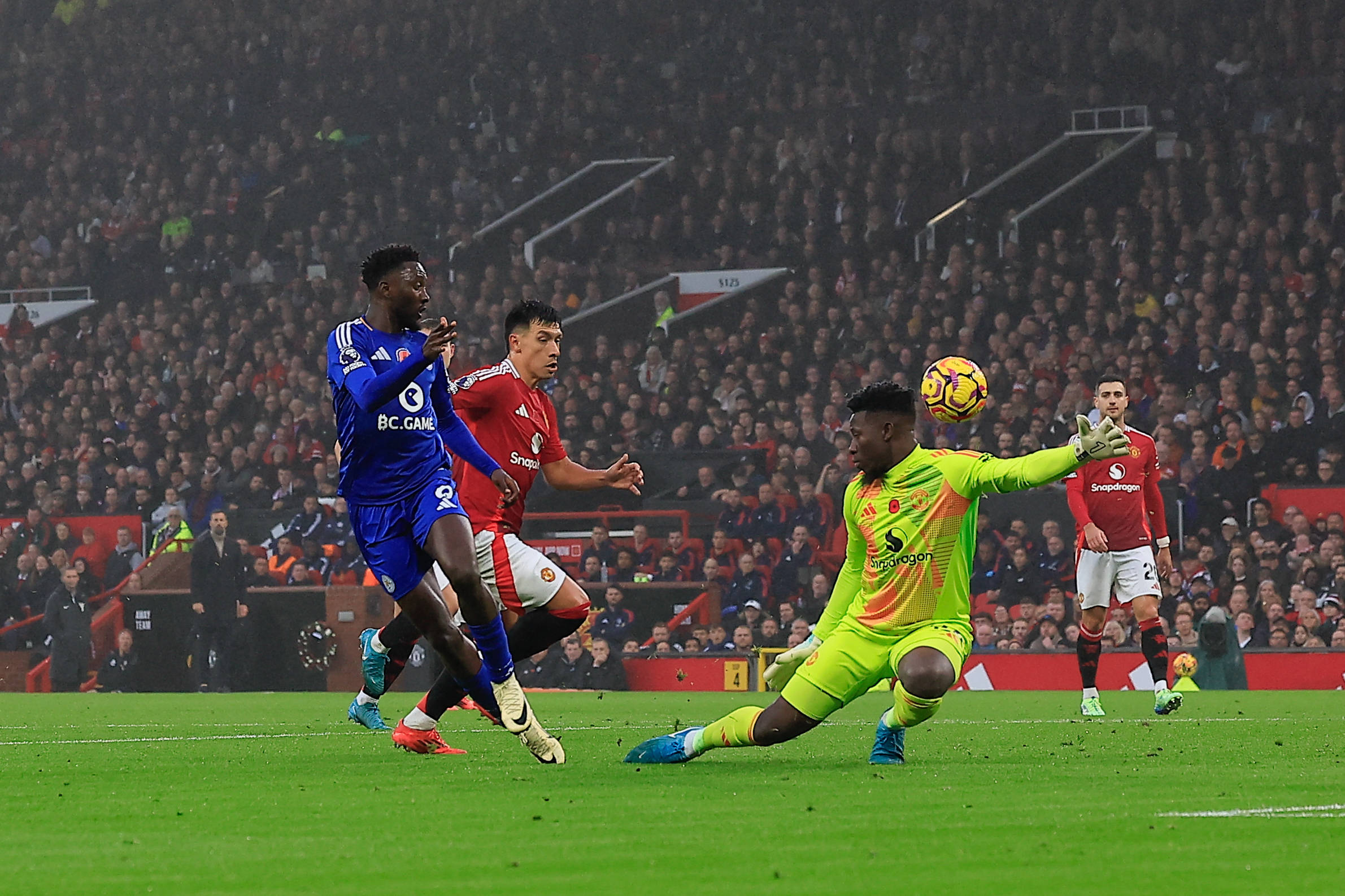 Wilfred Ndidi Andre Onana and Lisandro Martinez at Old Trafford Manchester United vs Leicester City