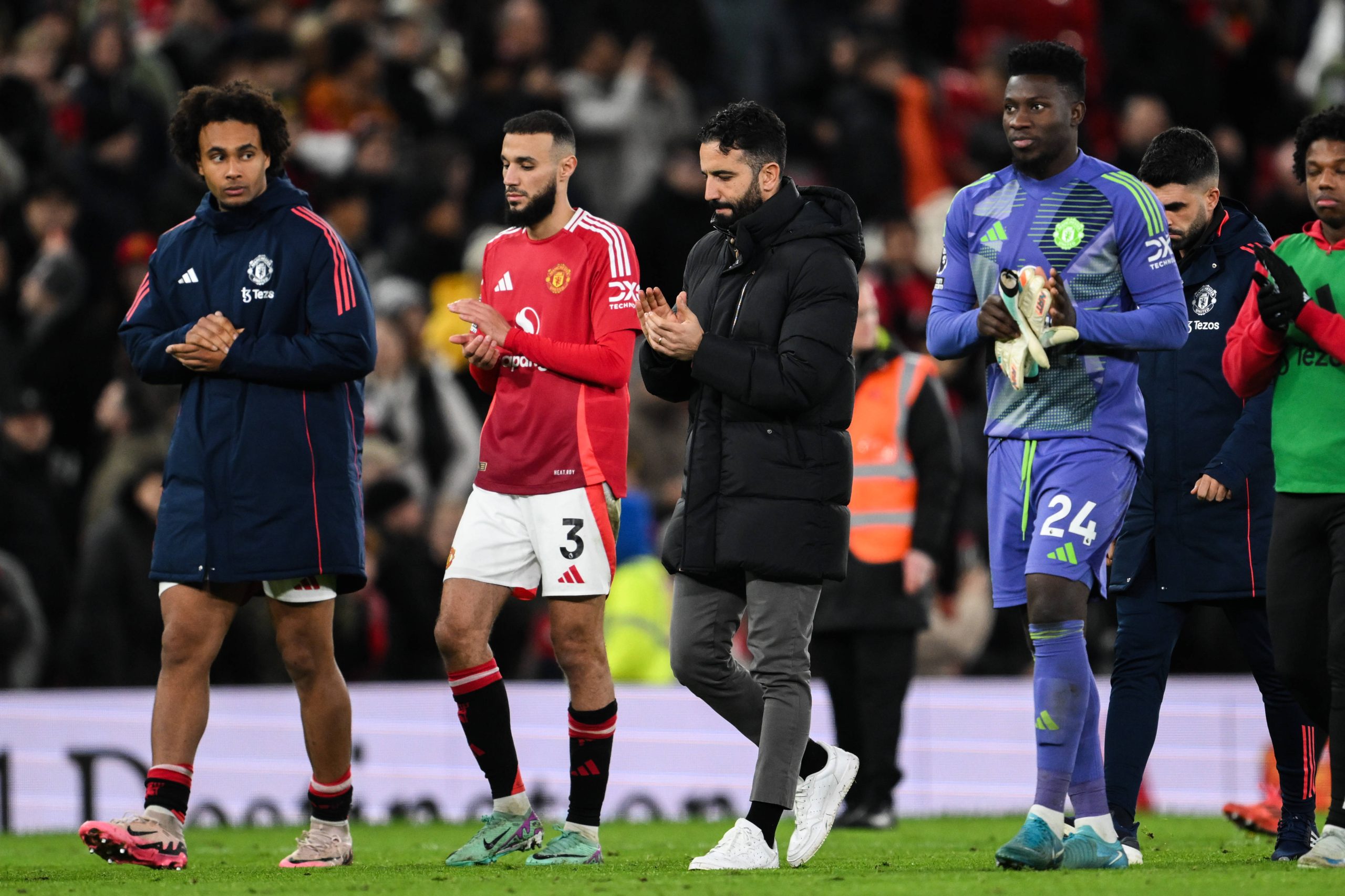 A dejected Ruben Amorim applauds the home fans after the Premier League match Manchester United vs Newcastle United at Old Trafford