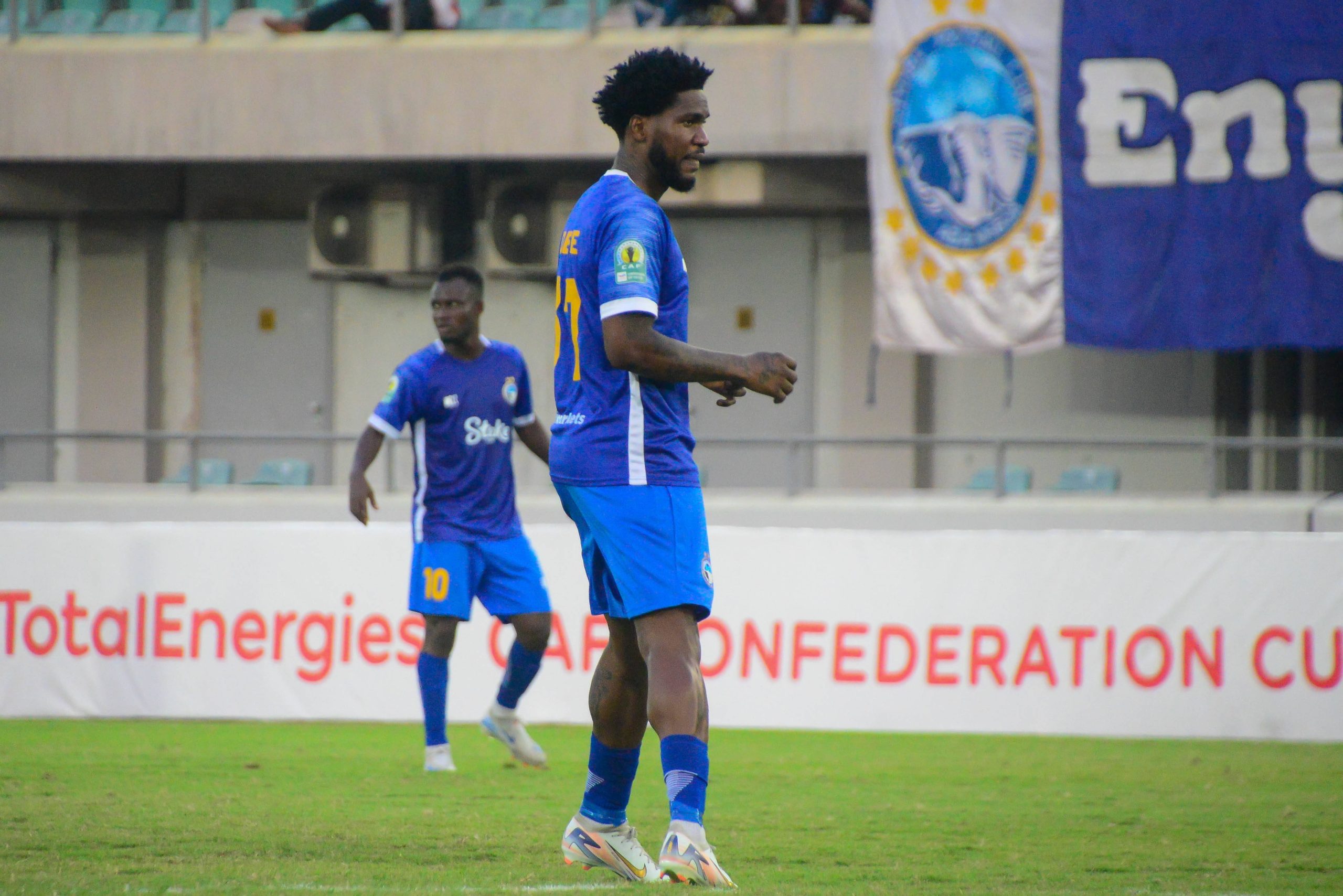 Brown Ideye of Enyimba during the CAF Confederations Cup, Group D match between Enyimba of Nigeria and Associacao Black Bulls of Mozambique Godswill Akpabio Stadium