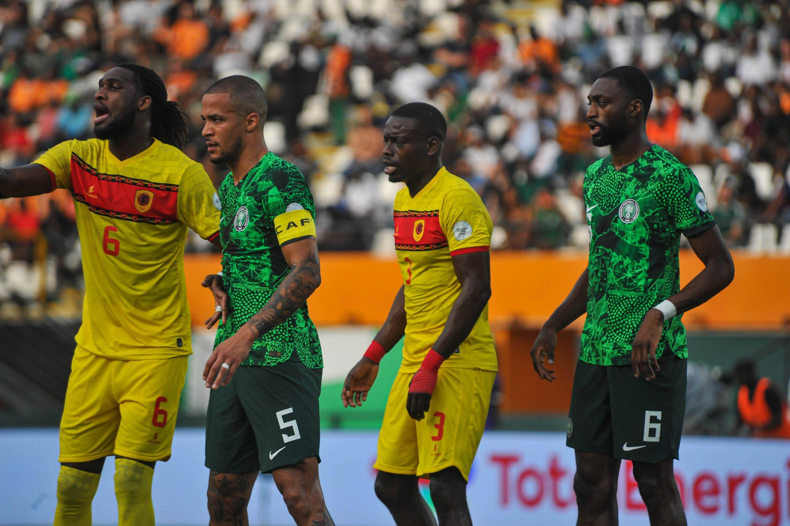 William Ekong, Semi Ajayi and Kialonda Gaspar, Jonathan Buat of Angola during the Afcon 2023 match between Nigeria and Angola