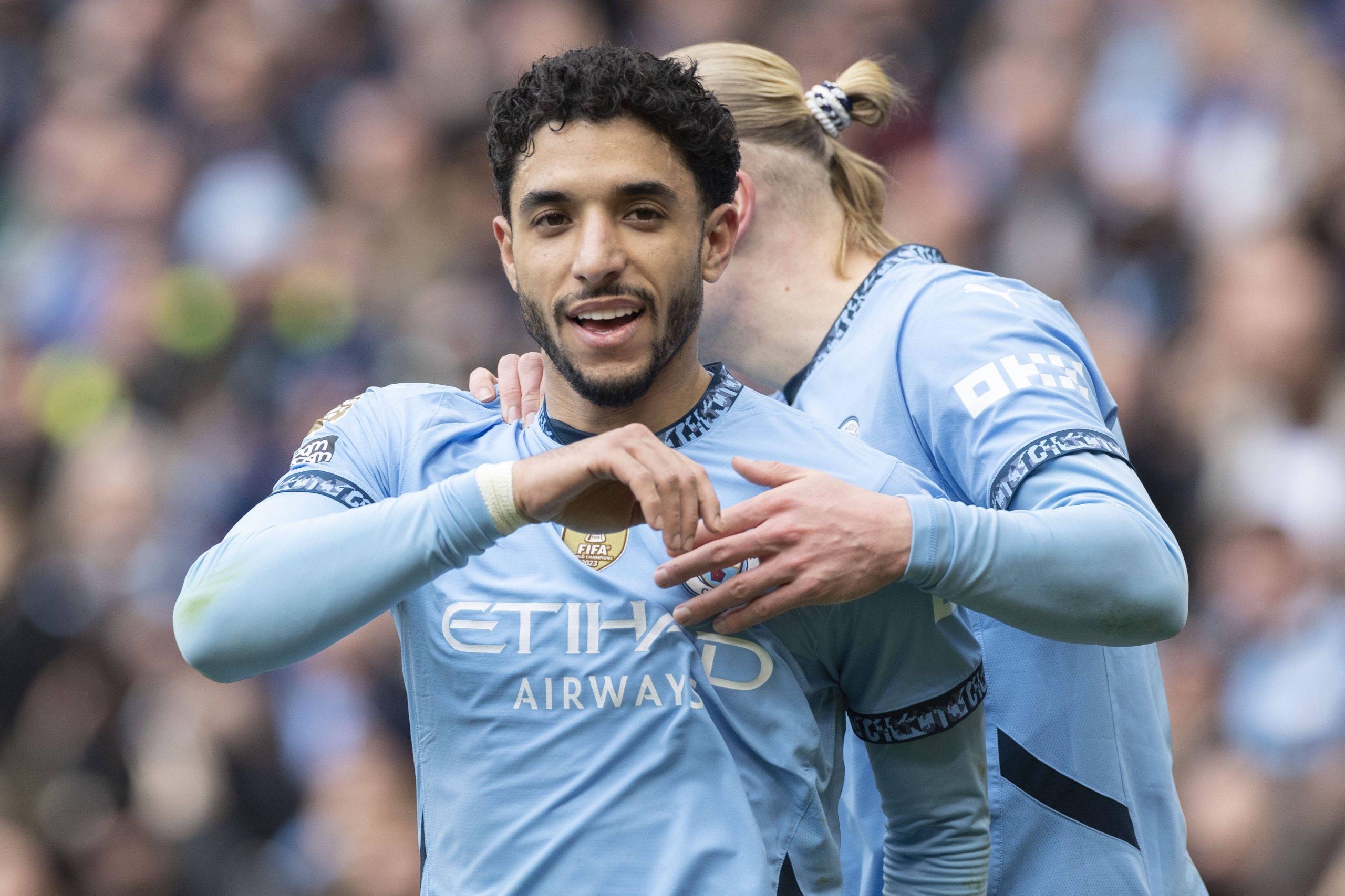 Omar Marmoush celebrates his goal during the Premier League match between Manchester City and Brighton and Hove Albion