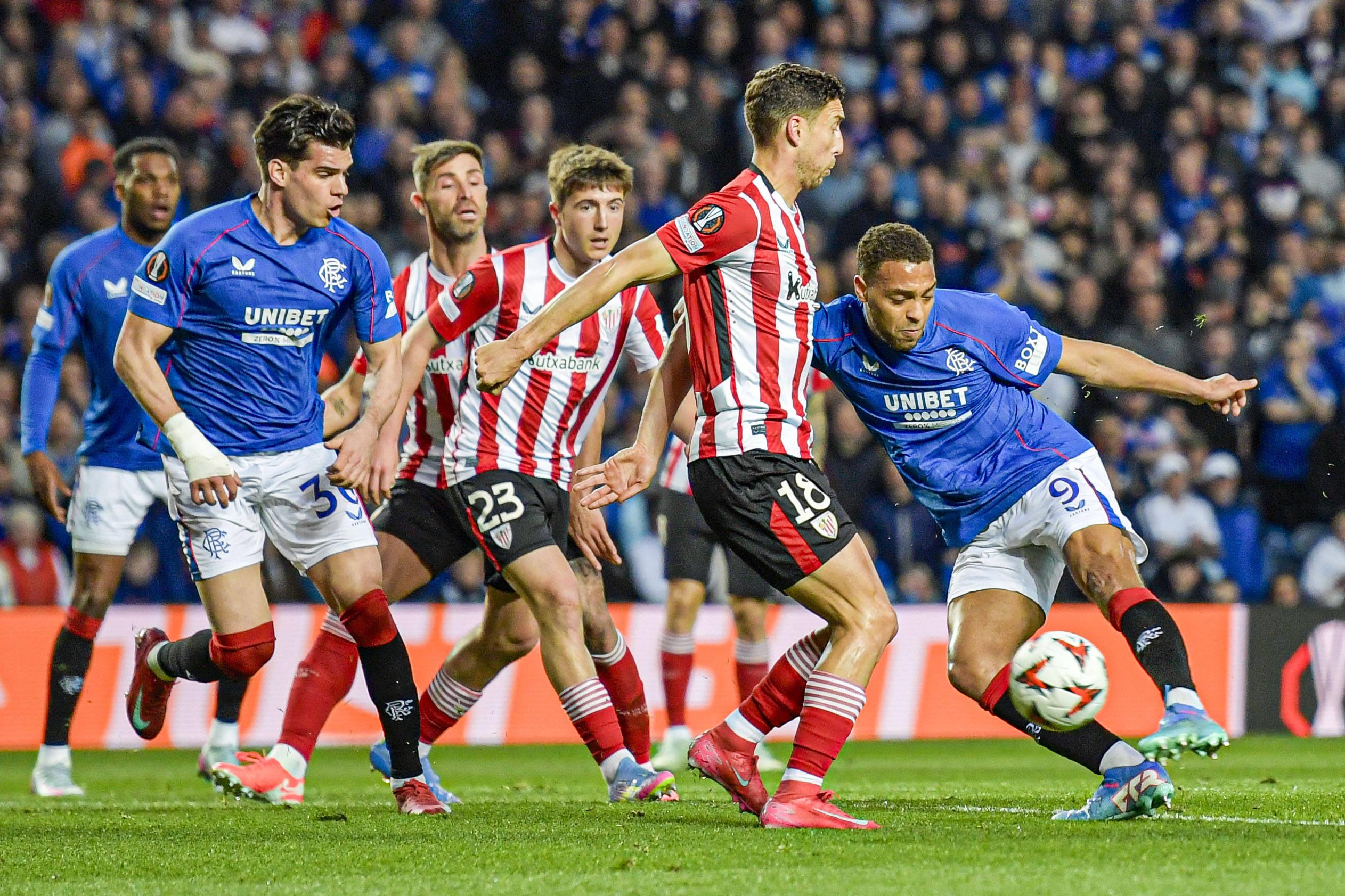 Cyriel Dessers of Rangers shoots during the UEFA Europa League Quarter-final First Leg