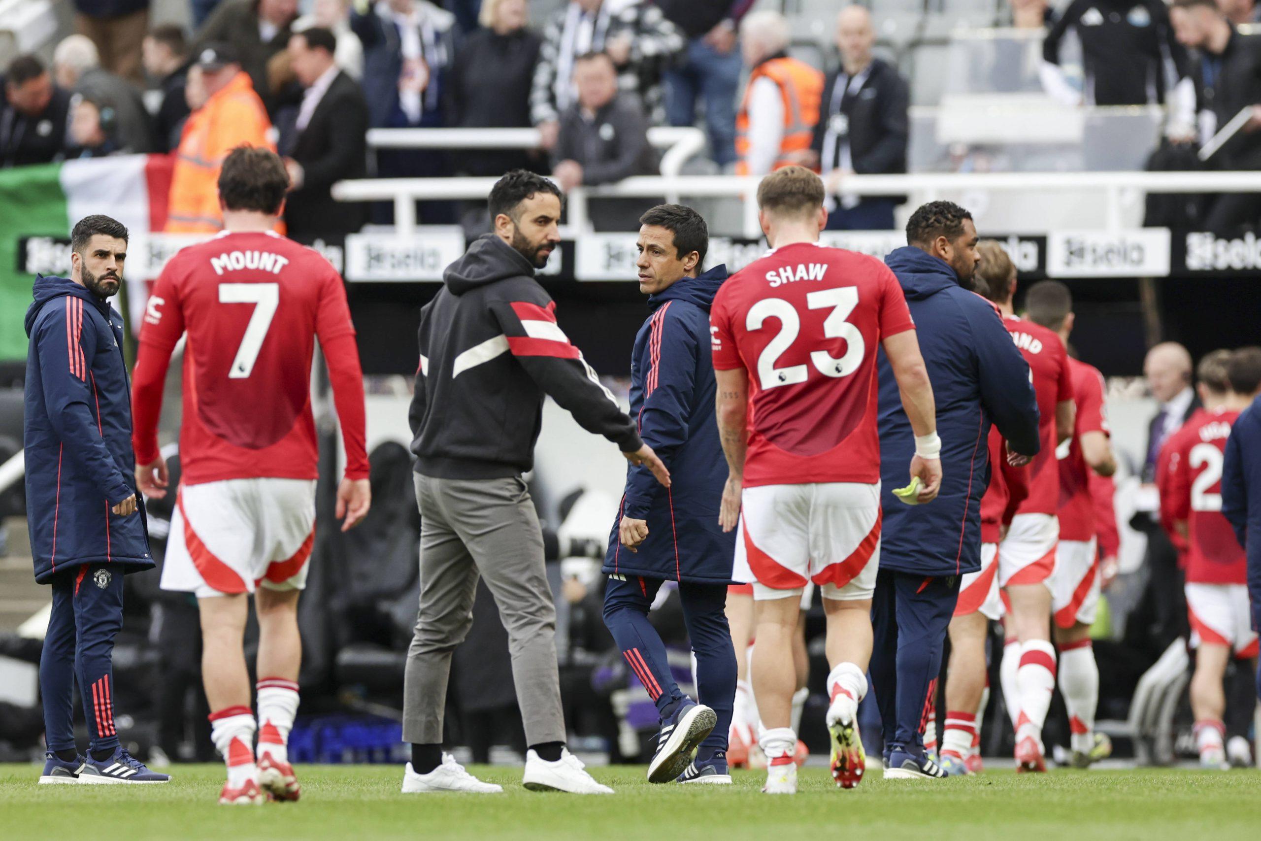 Ruben Amorim dejected reacts Manchester United defender Luke Shaw during the Newcastle United FC v Manchester United FC English Premier League match
