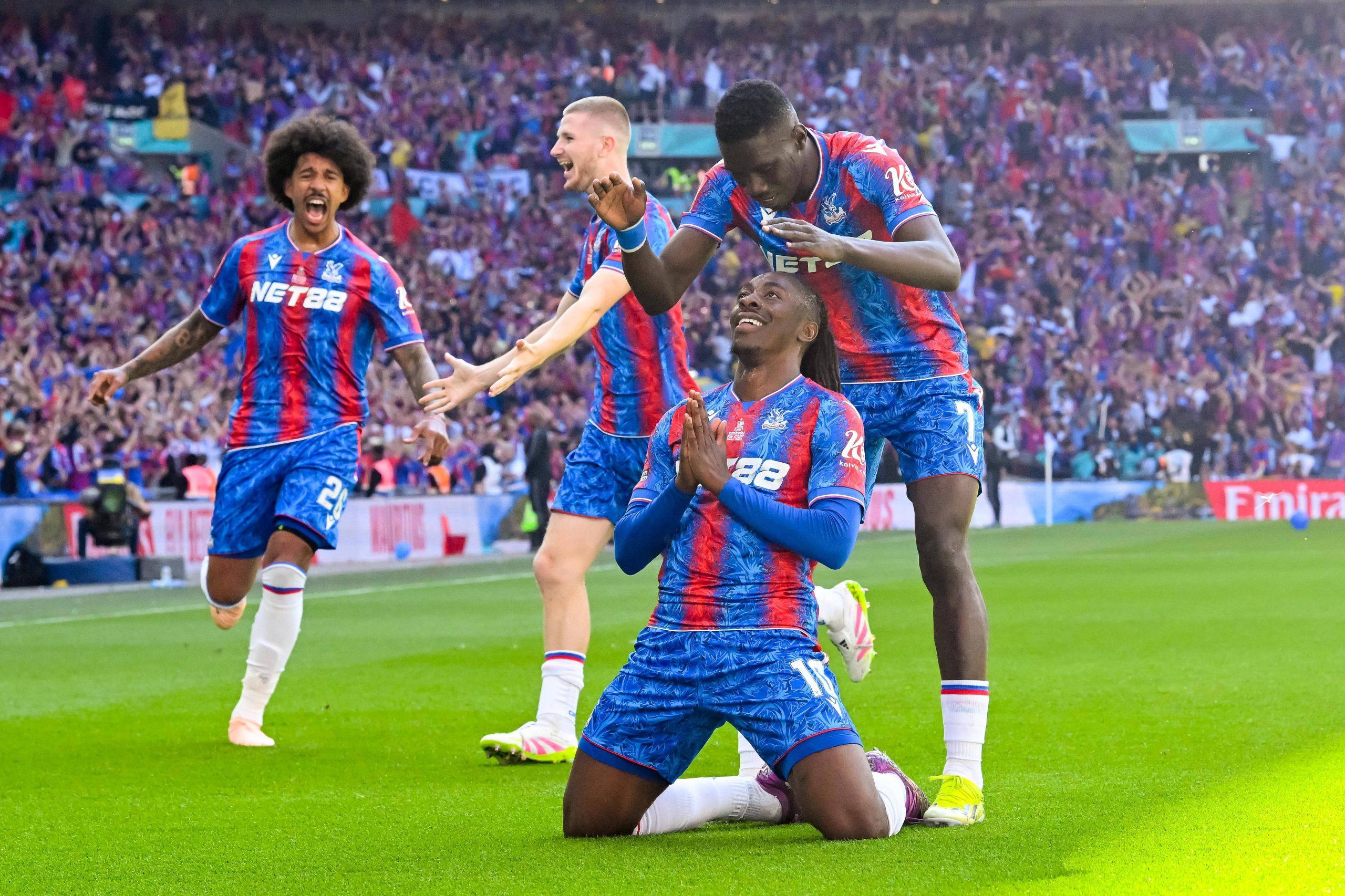 Eberechi Eze celebrates scoring the opening goal during the FA Cup Final match between Crystal Palace and Manchester City at Wembley Stadium, London, England on 17 May 2025