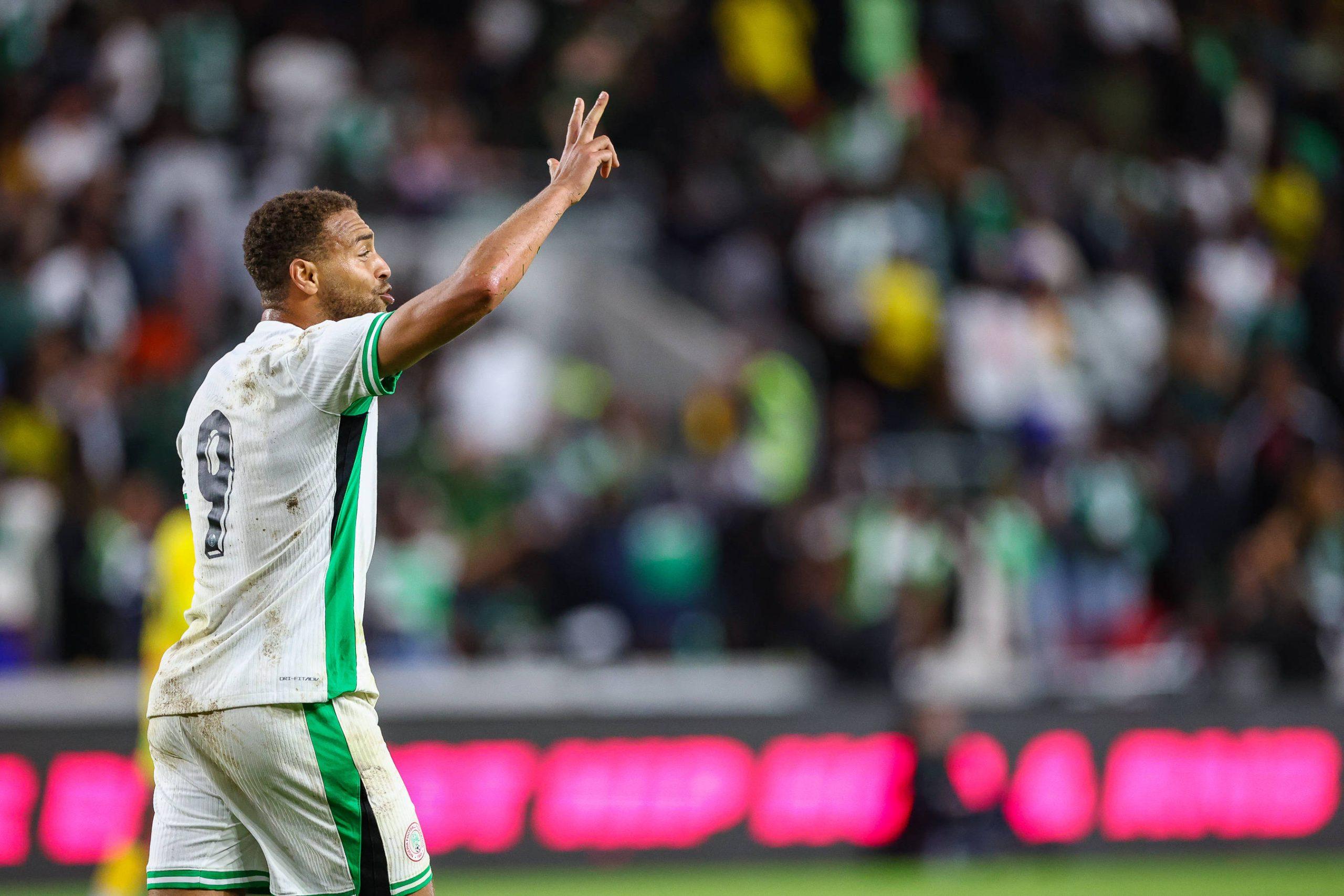 Cyriel Dessers protests after a tackle during the Unity Cup London 2025 match between Ghana and the Super Eagles of Nigeria at Gtech Community Stadium Brentford