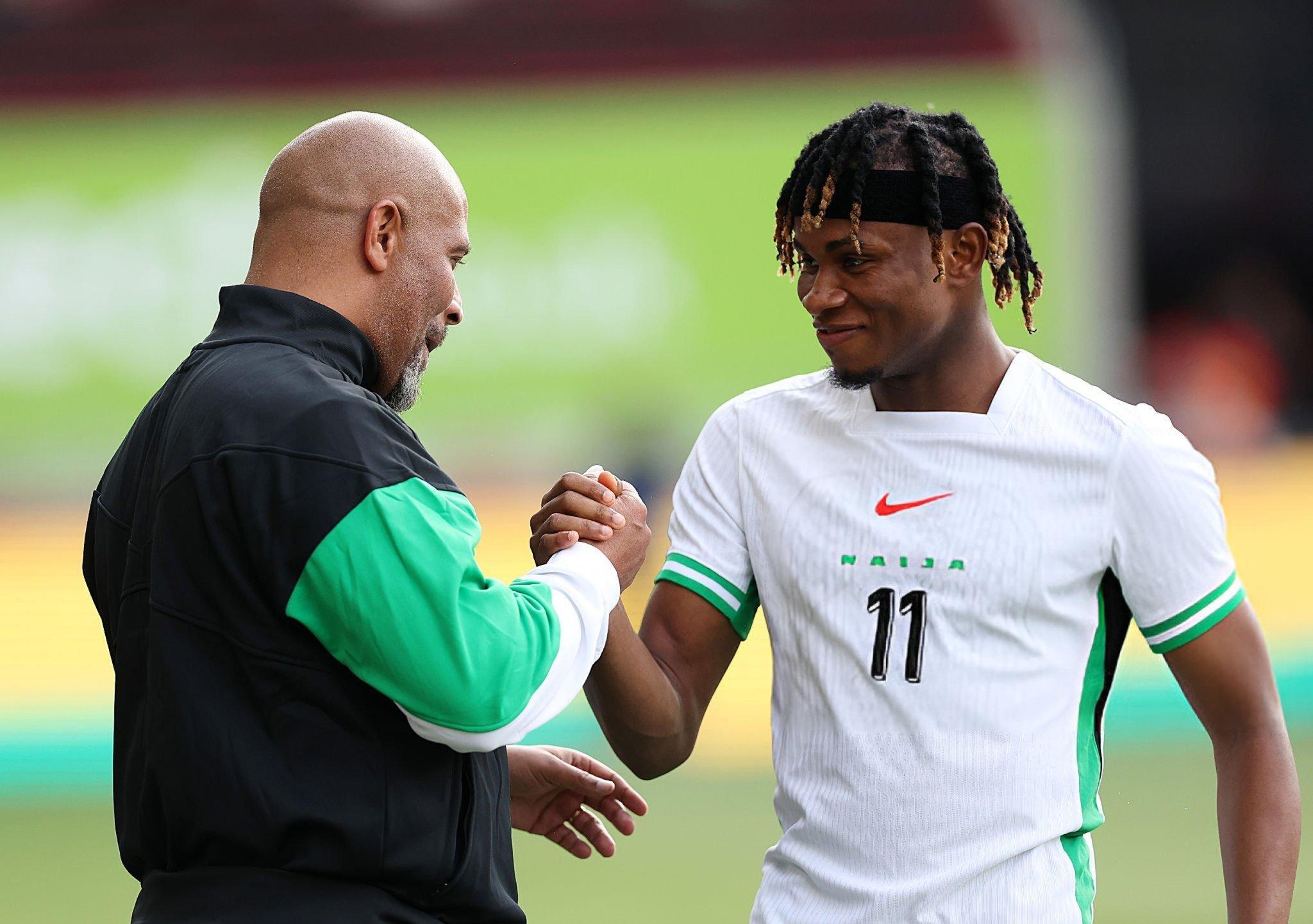 Eric Chelle, Samuel Chukwueze during the 2025 Unity Cup Final between Nigeria and Jamaica at the Gtech Community Stadium in Brentford