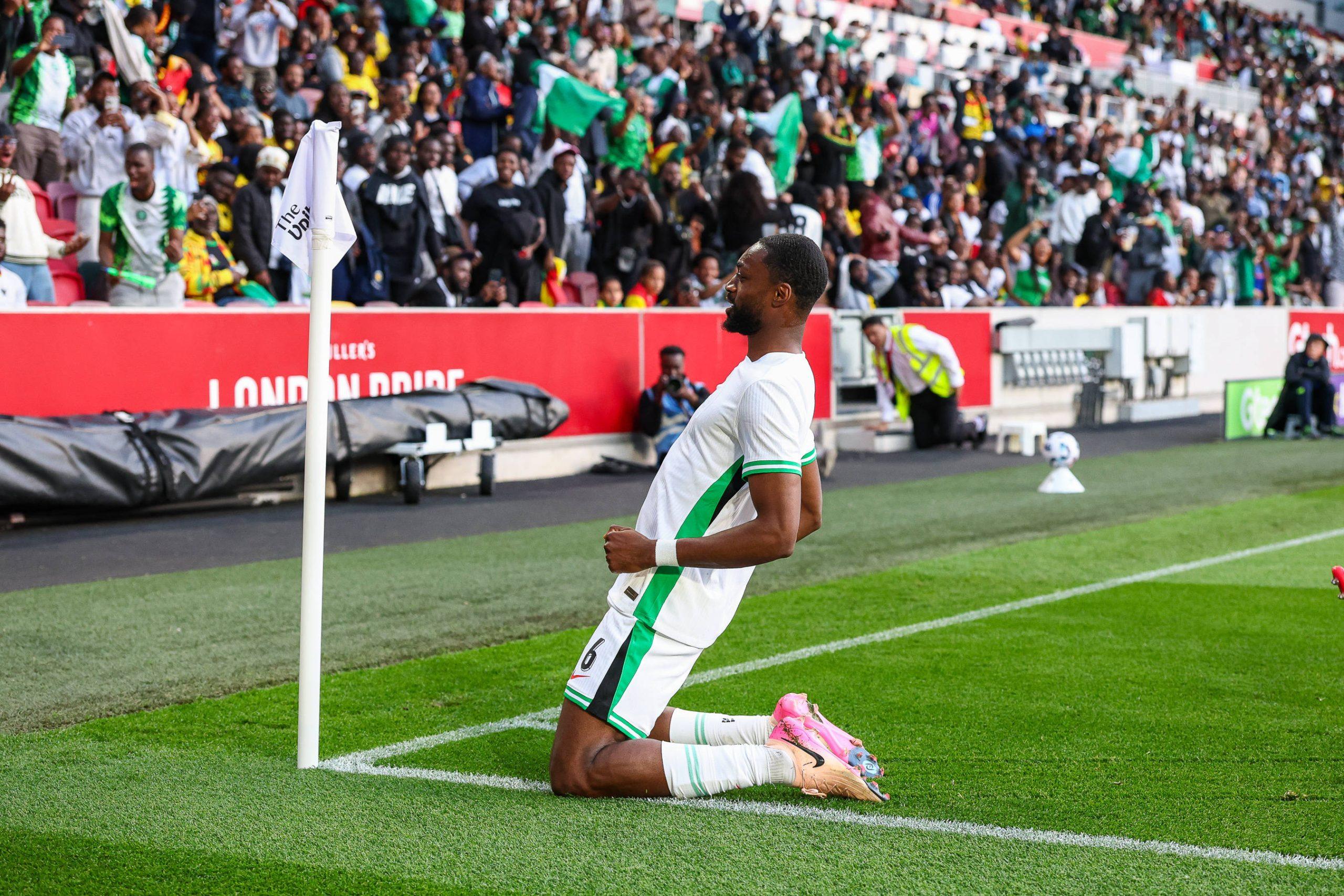 Super Eagles defender Semi Ajayi celebrates after an own goal Ghana defender Razak Simpson 4 during the Unity Cup London 2025 match between Ghana and Nigeria