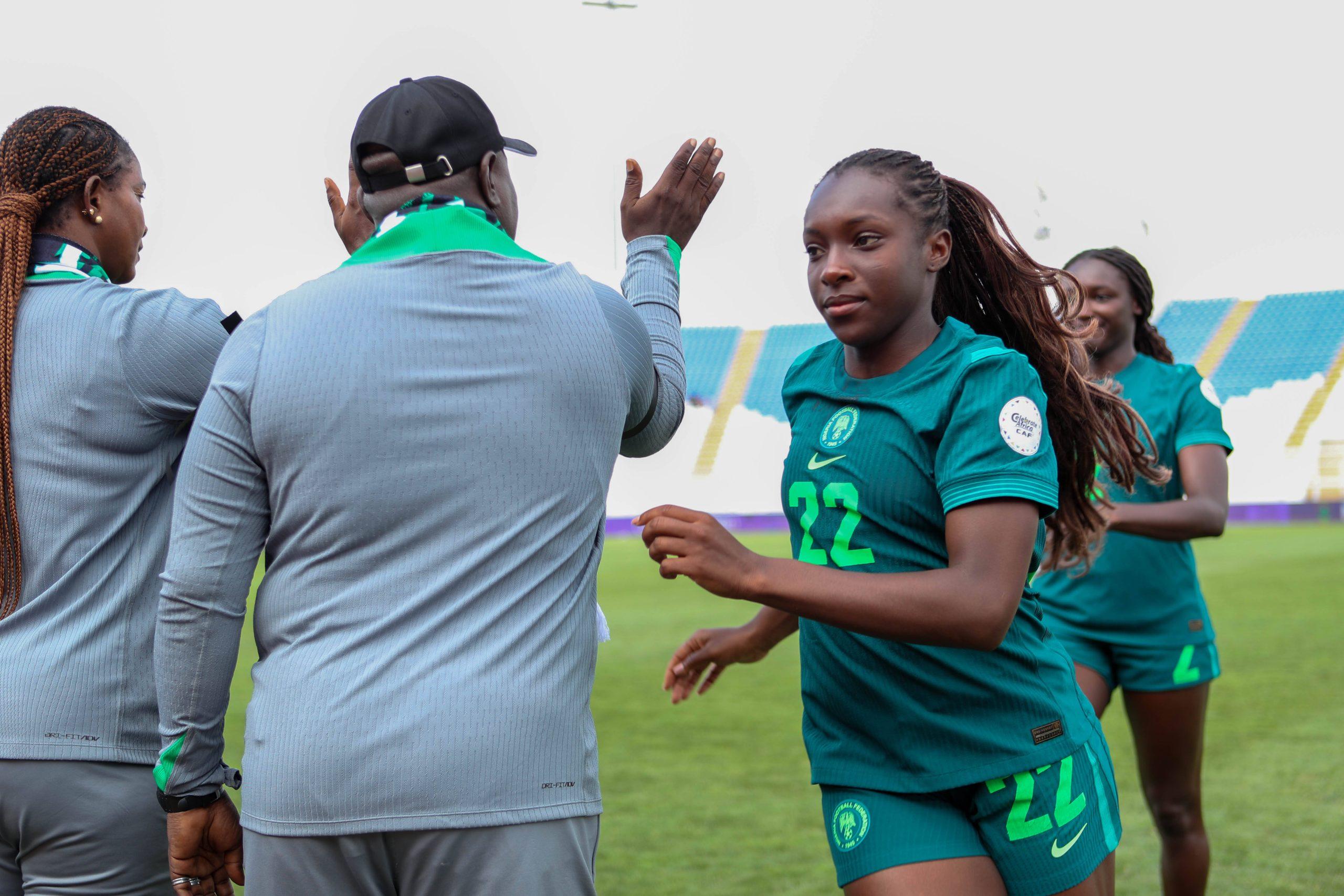 Super Falcons head coach Justine Madugu and Michelle Alozie