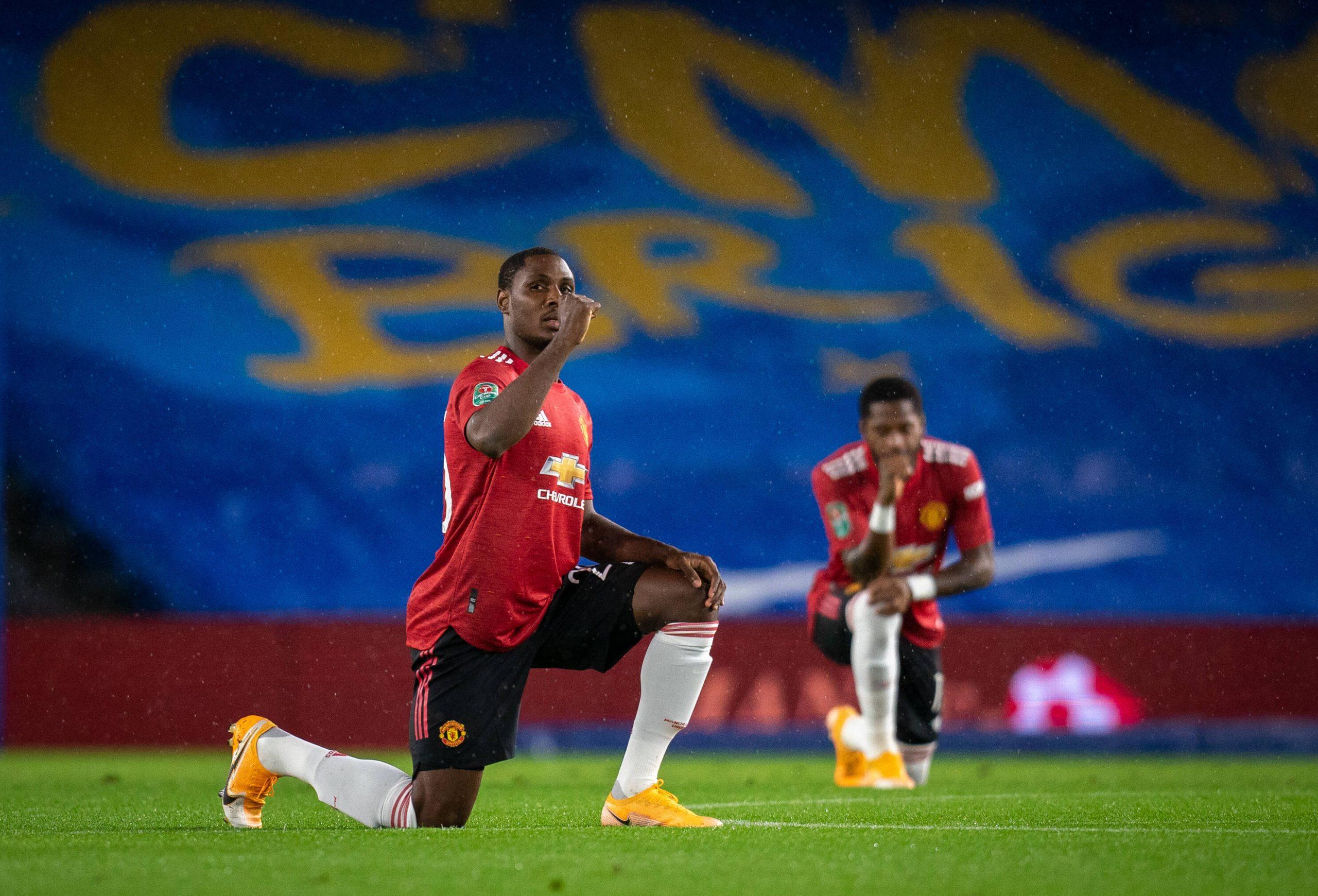 Odion Ighalo takes a knee for Black Lives Matter movement during the Carabao Cup 4th round match played behind closed doors between Brighton and Hove Albion and Manchester United