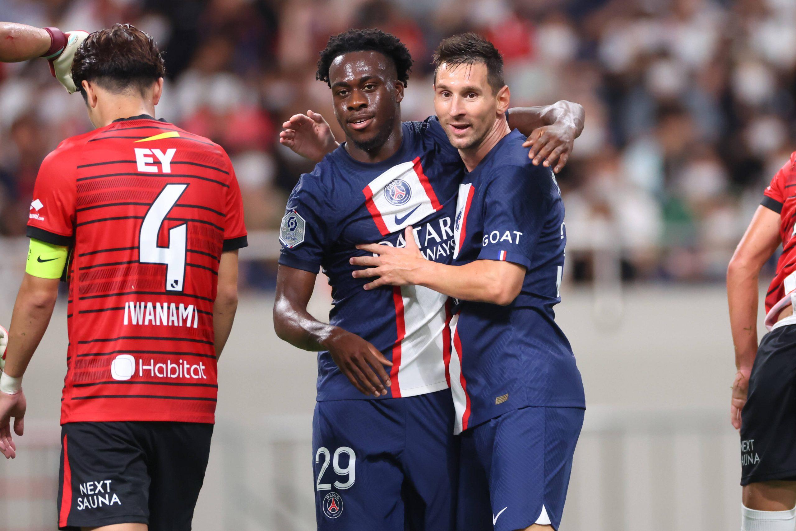 Arnaud Kalimuendo and Lionel Messi in action for PSG during the Japan Tour 2022
