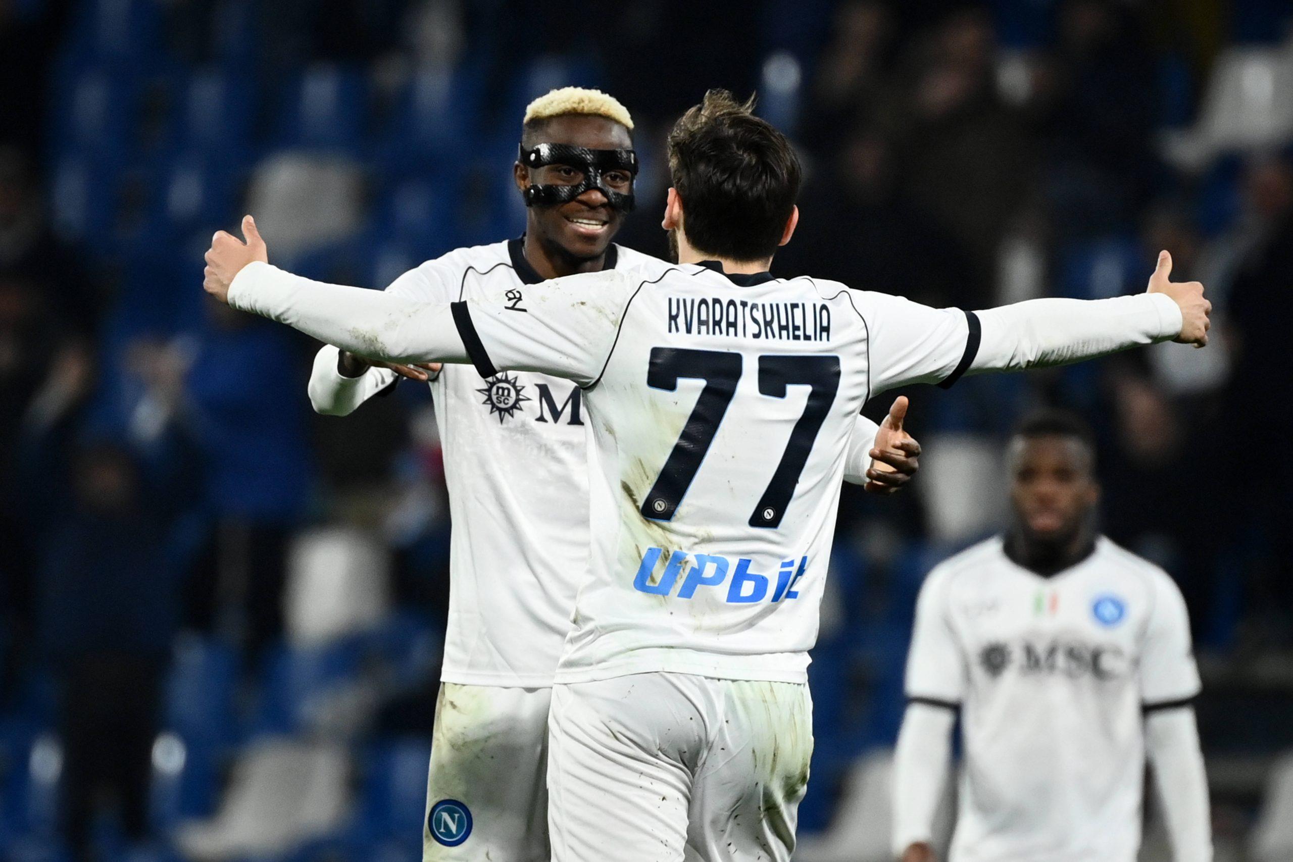 Khvicha Kvaratskhelia celebrates with Victor Osimhen SSC Napoli after scoring goal 1-5
