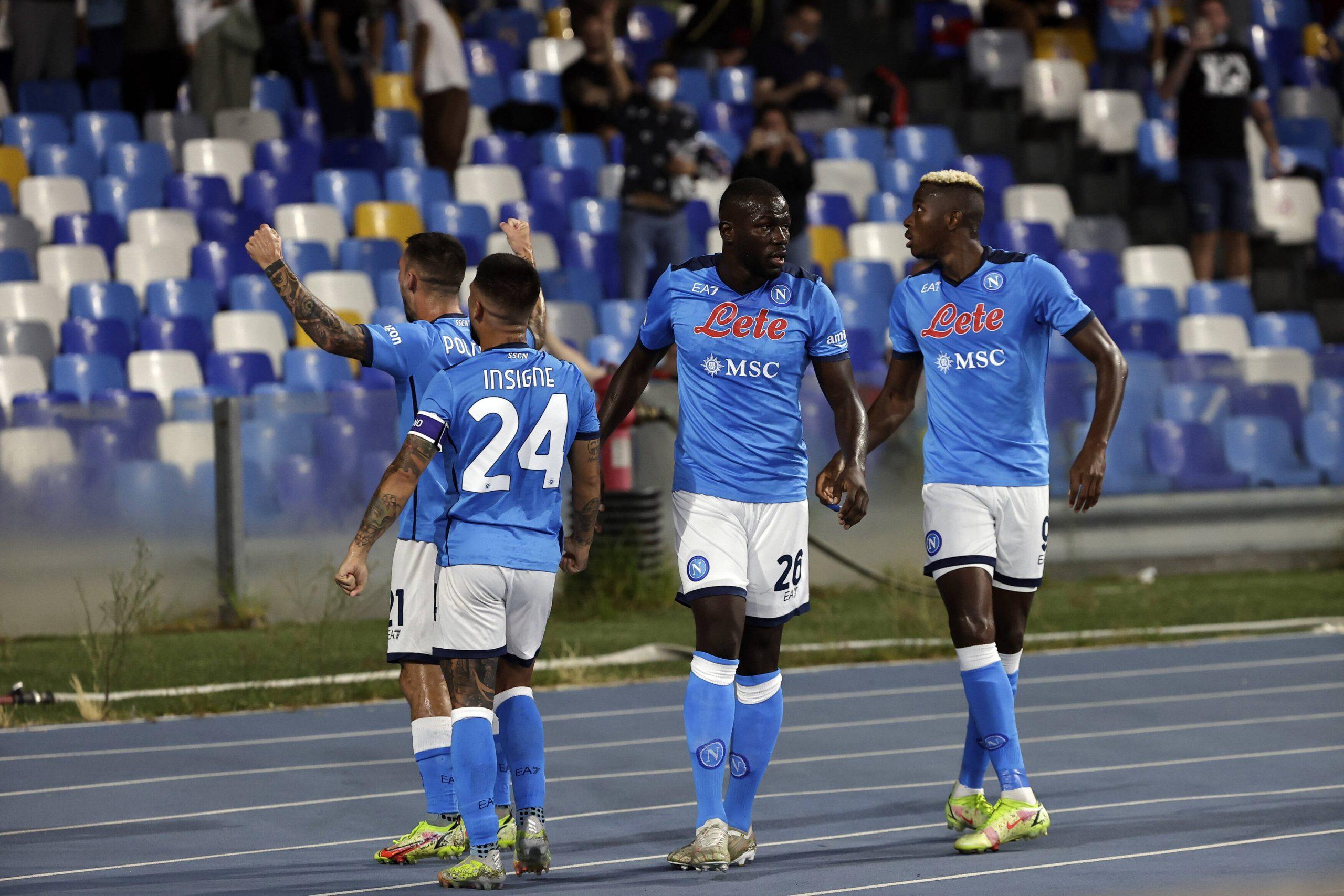 Victor Osimhen celebrates after scoring for 1 -0 - in 11th minute with Lorenzo Insigne and Kalidou Koulibaly of Napoli