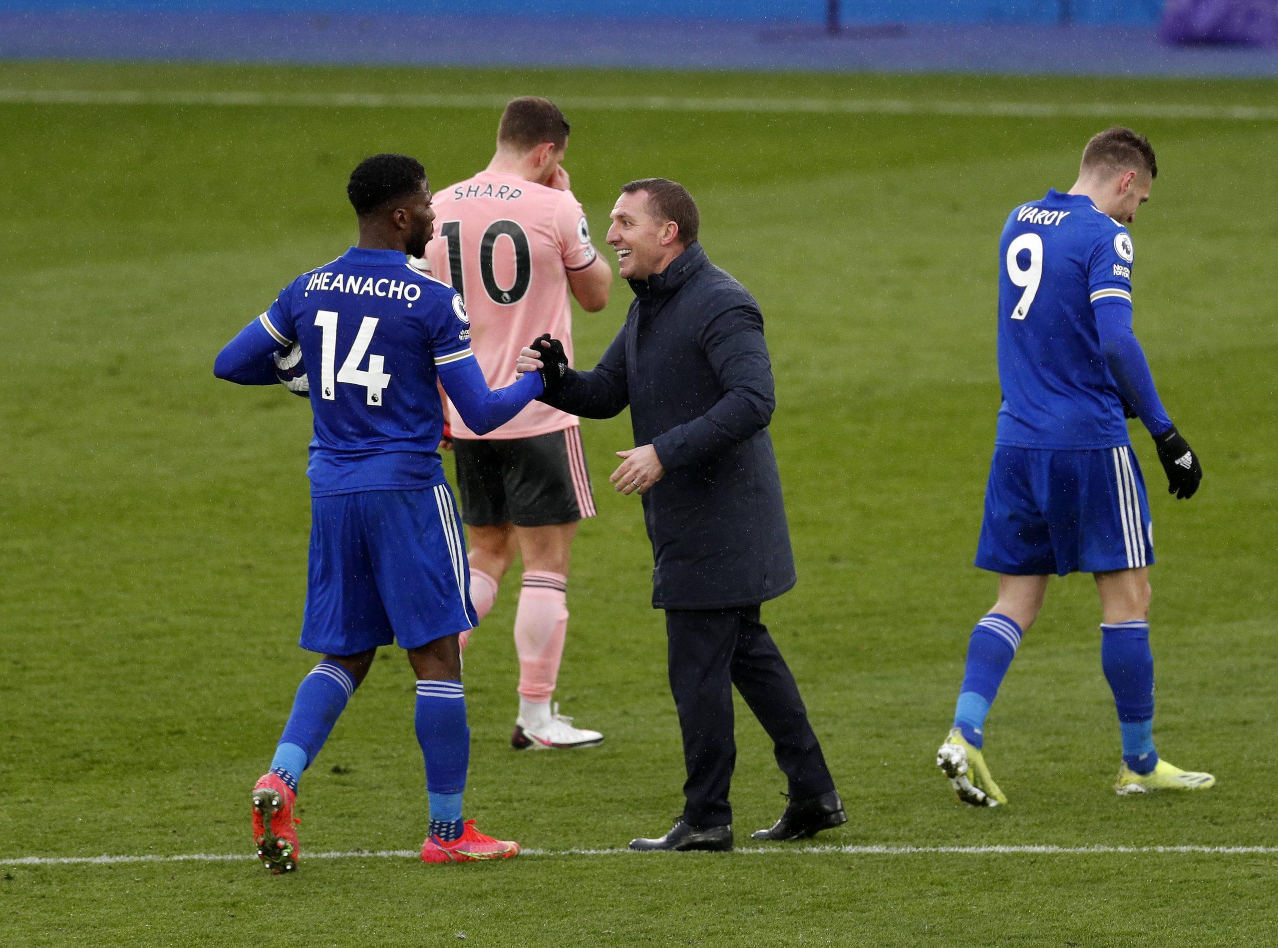 Kelechi Iheanacho celebrates with Brendan Rodgers during the Premier League match at the King Power Stadium, Leicester