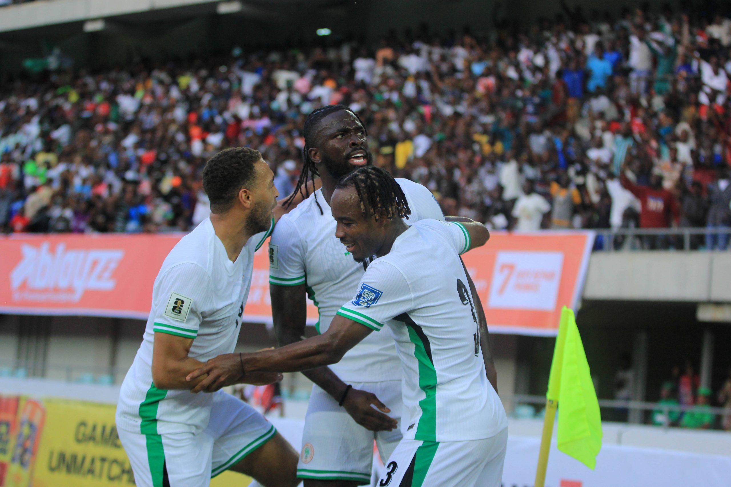 Cyriel Dessers, Tolu Arokodare and Bruno Onyemaechi of Nigeria during the 2026 FIFA World Cup qualifying match between the Super Eagles of Nigeria and the Amavubi of Rwanda at the Godswill Akpabio Stadium on September 6, 2025 in Uyo, Nigeria