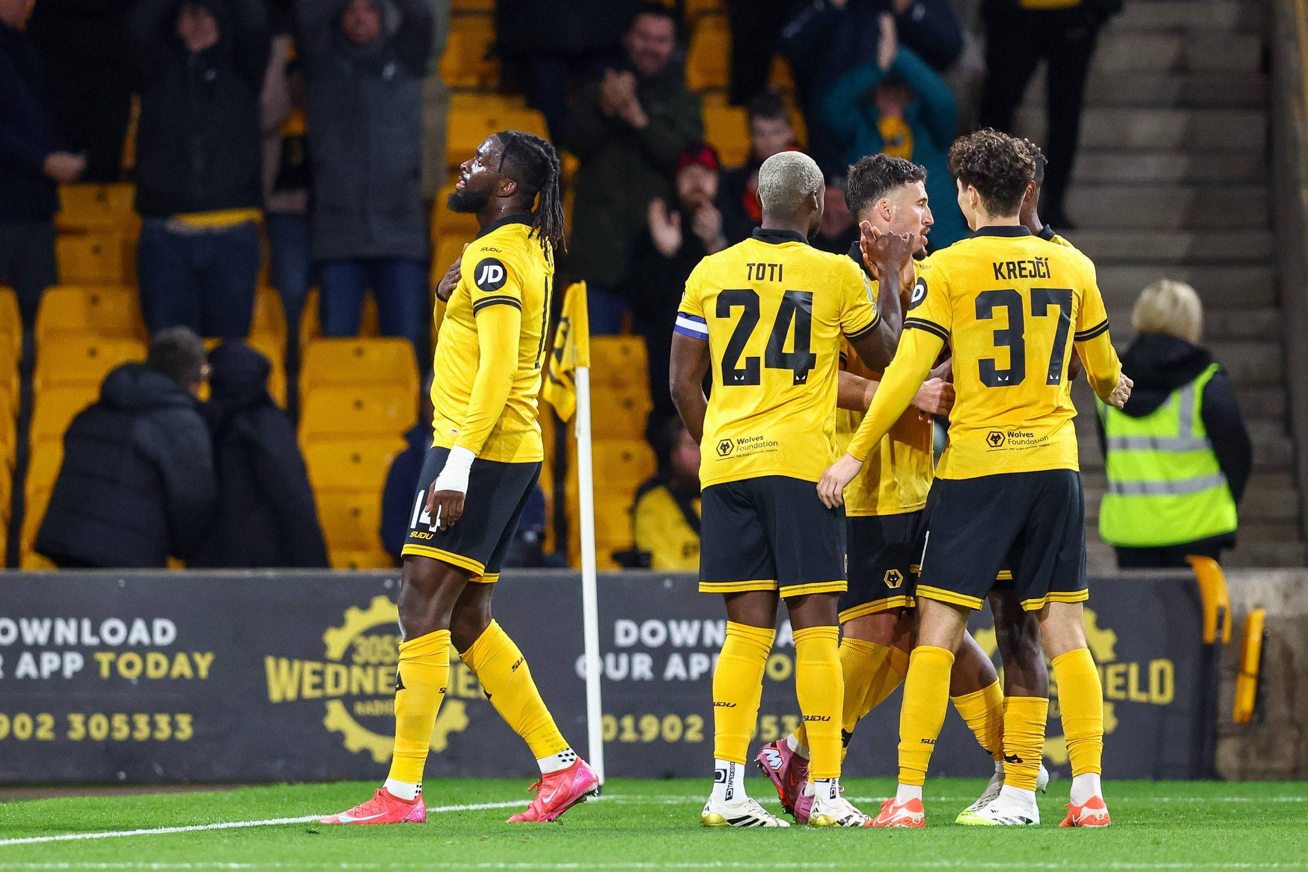 Tolu Arokodare celebrates the goal in front of the fans during the Carabao Cup Third Round match between Wolverhampton Wanderers and Everton at Molineux in Wolverhampton, England