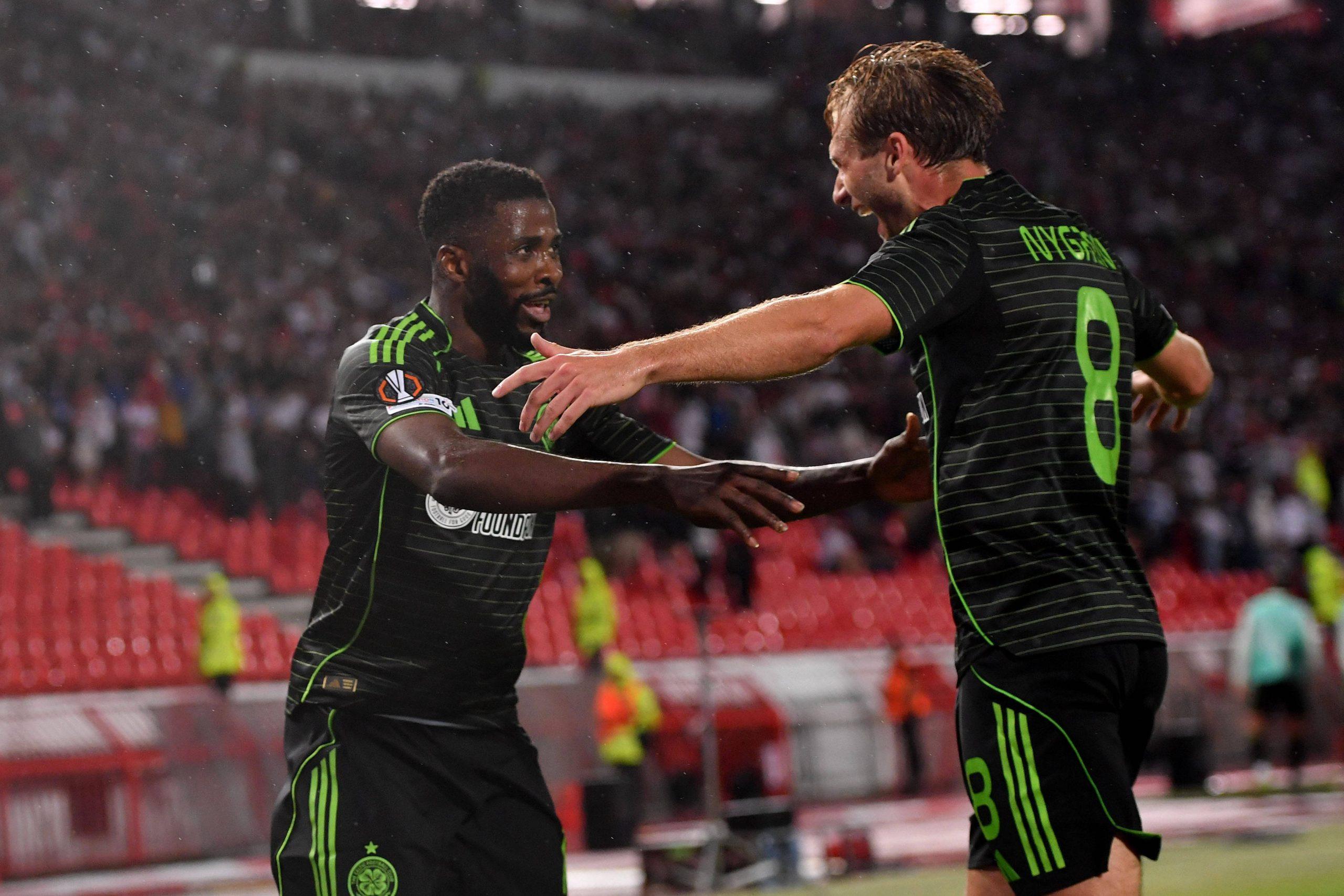 KELECHI IHEANACHO and BENJAMIN NYGREN celebrate in the Crvena zvezda vs Celtic Glasgow UEFA Europa league match at Rajko Mitic stadium, Belgrade 24.09.2025