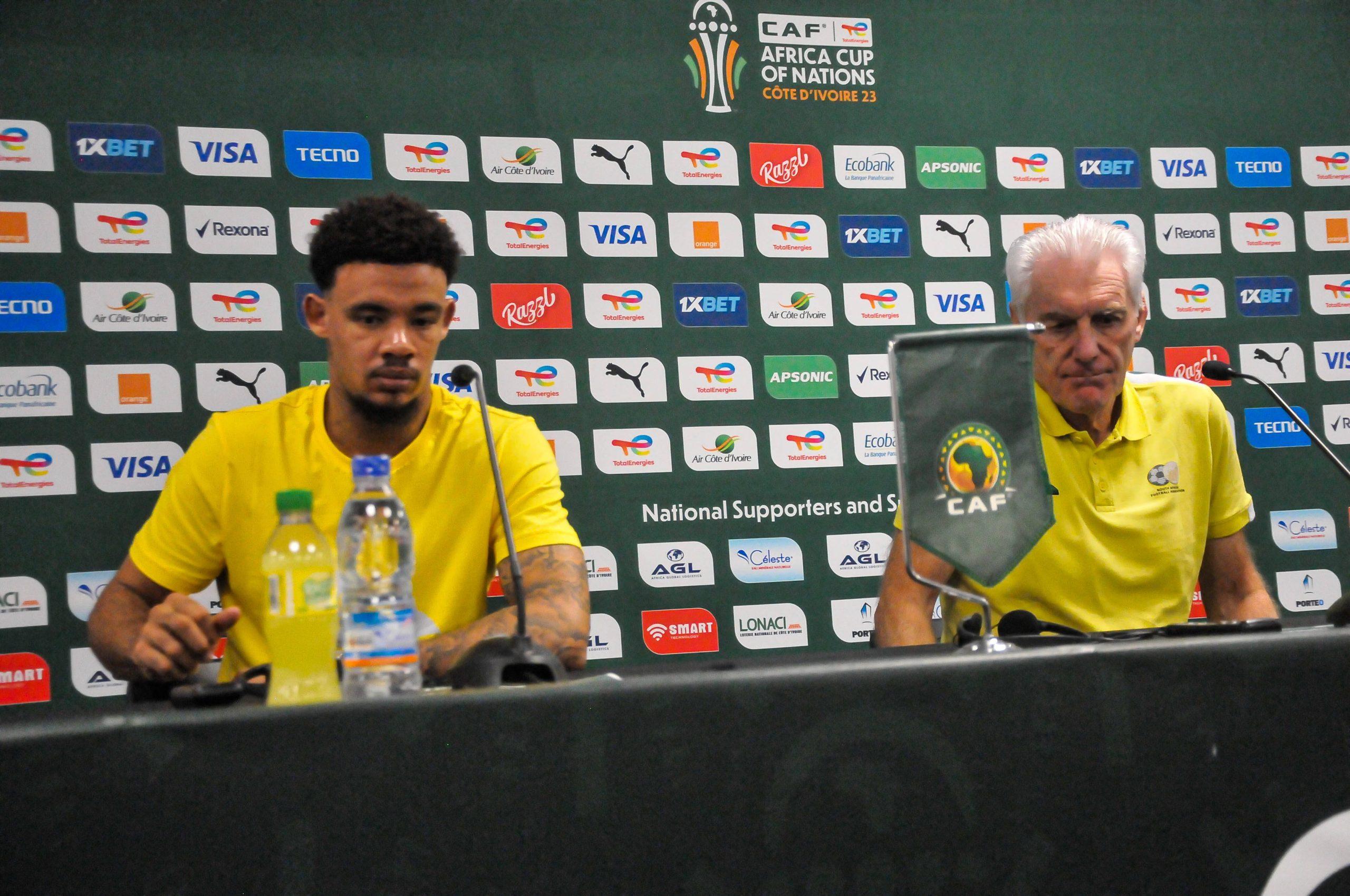 Coach Hugo Broos and Ronwen Hayden Williams of South Africa during the Afcon 2023 press conference in preperation for Nigeria and South Africa