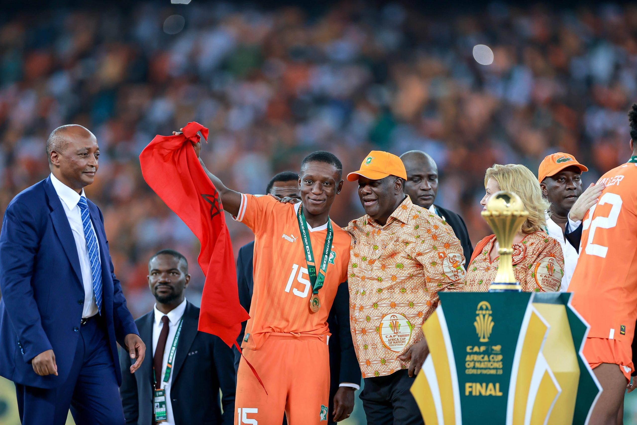 Alassane Ouattara, Cote D Ivoire President, CAF President Patrice Motsepe and Max-Alain Gradel of Cote D Ivoire during the Afcon 2023 Final