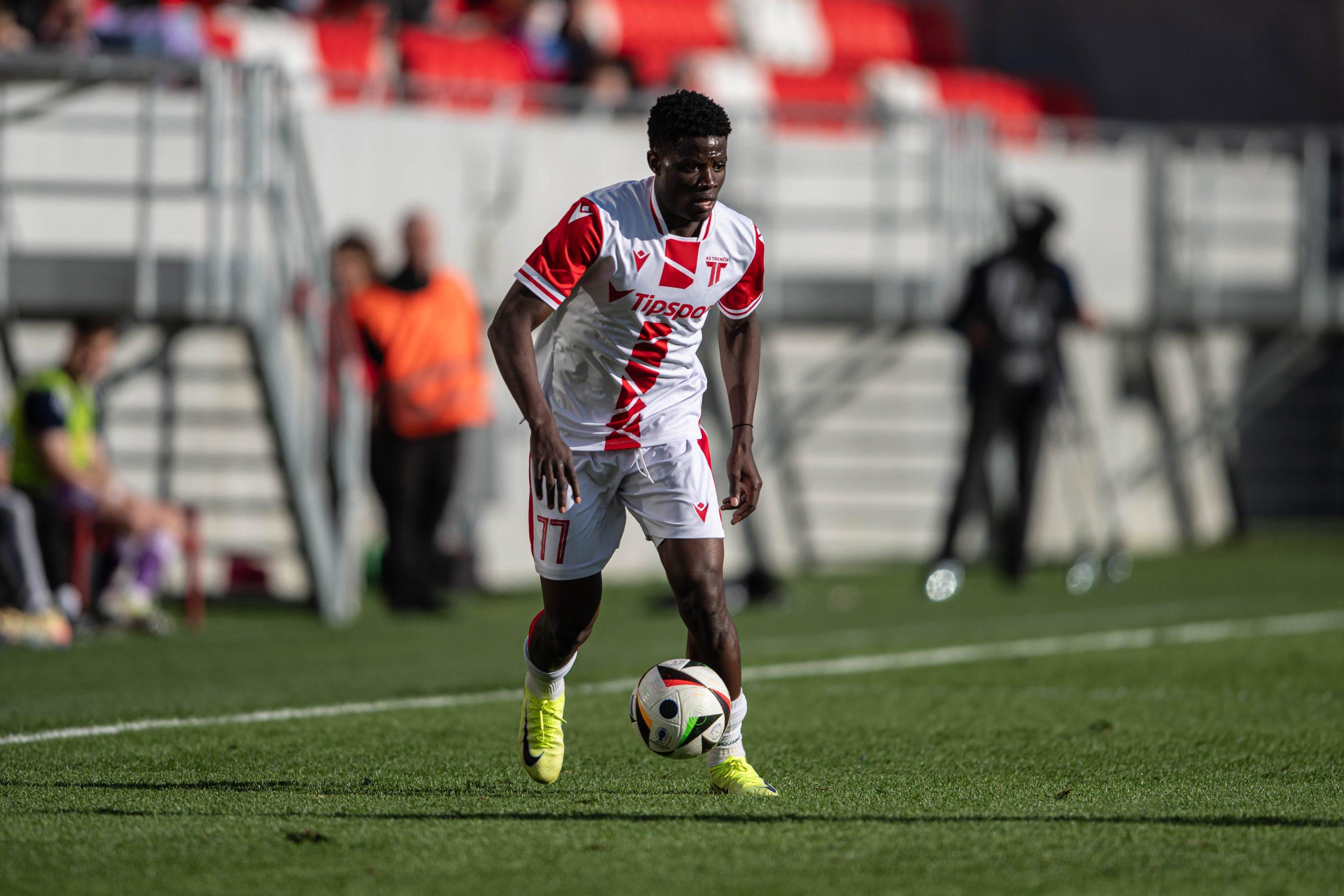 Sani Suleiman with the ball during Nike liga match, AS Trencin - KFC Komarno , 06. april 2025, Stadium na Sihoti, Trencin, Slovakia
