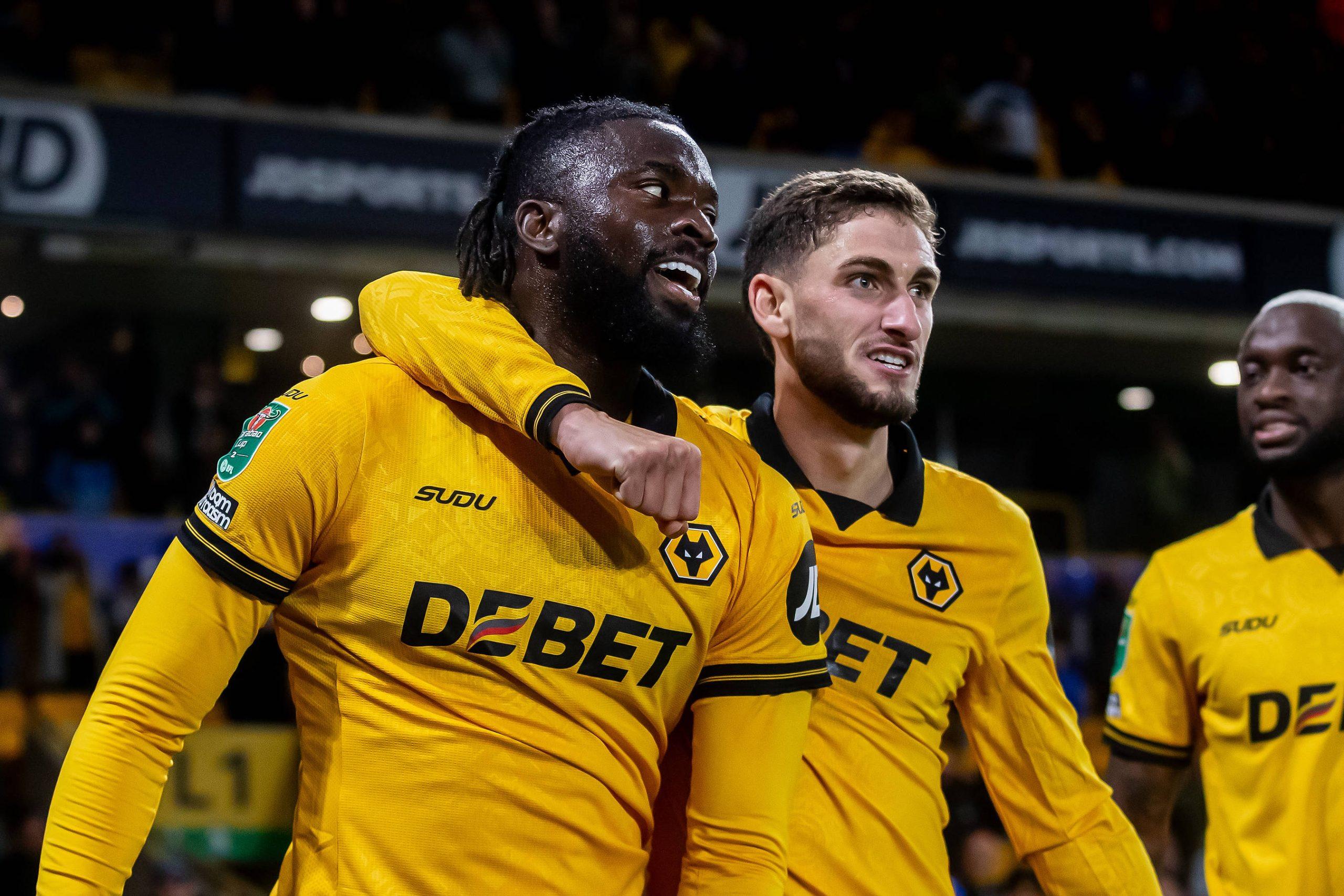Tolu Arokodare scores and celebrates during the EFL Cup match between Wolverhampton Wanderers and Everton at Molineux, Wolverhampton, England on 23 September 202