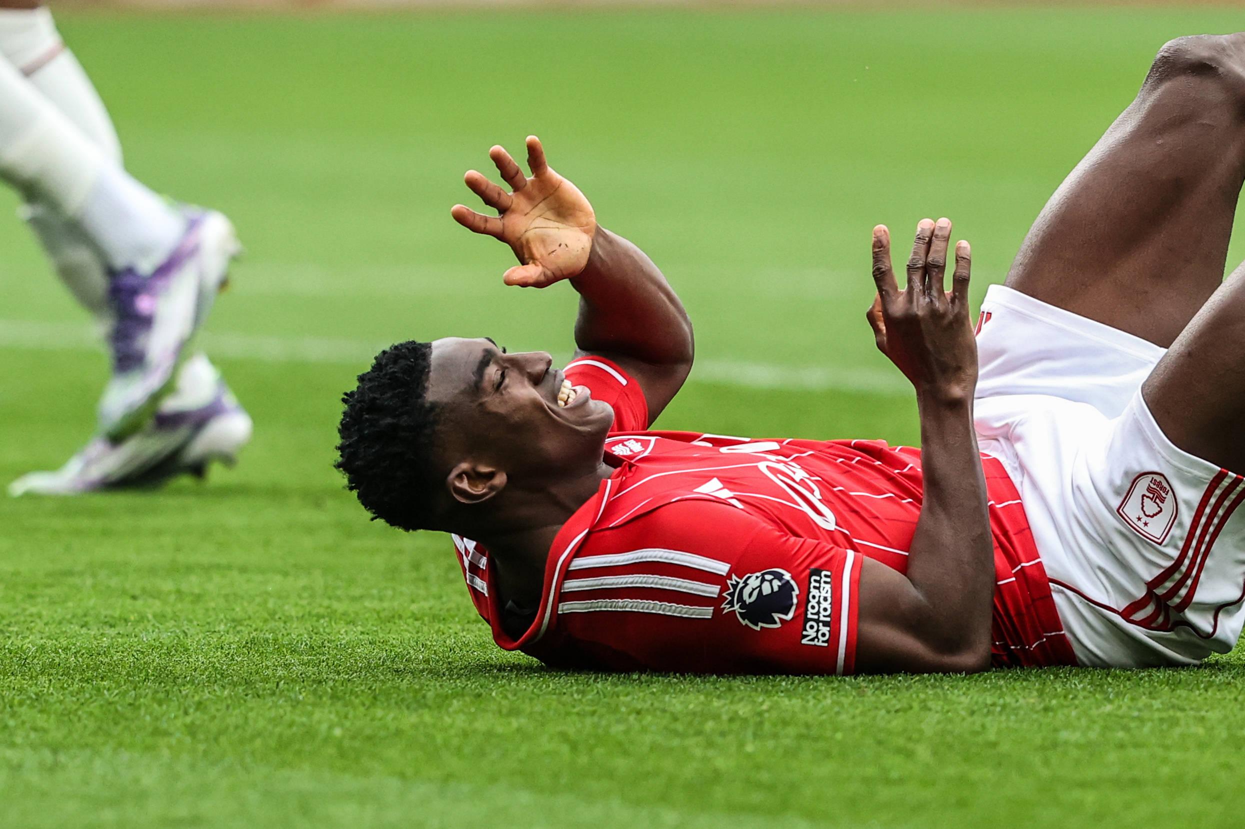 Taiwo Awoniyi reacts to a missed shot on goal during the Premier League match Nottingham Forest vs Chelsea