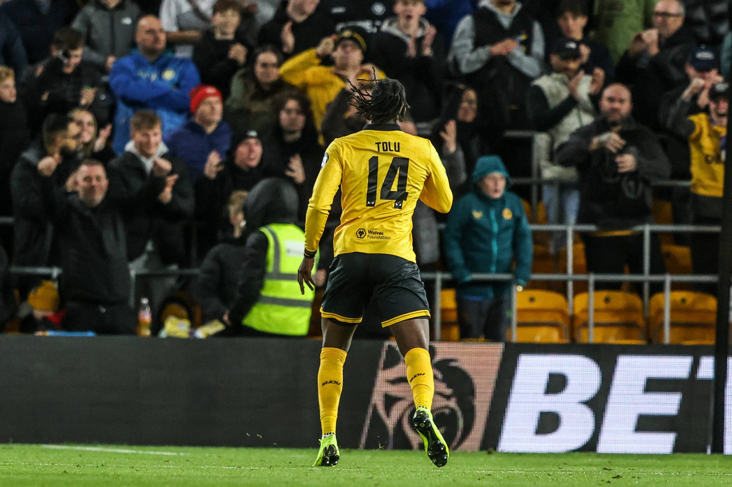 Tolu Arokodare celebrates his goal to make it 1-3 during the Carabao Cup Last 16 Wolverhampton Wanderers vs Chelsea
