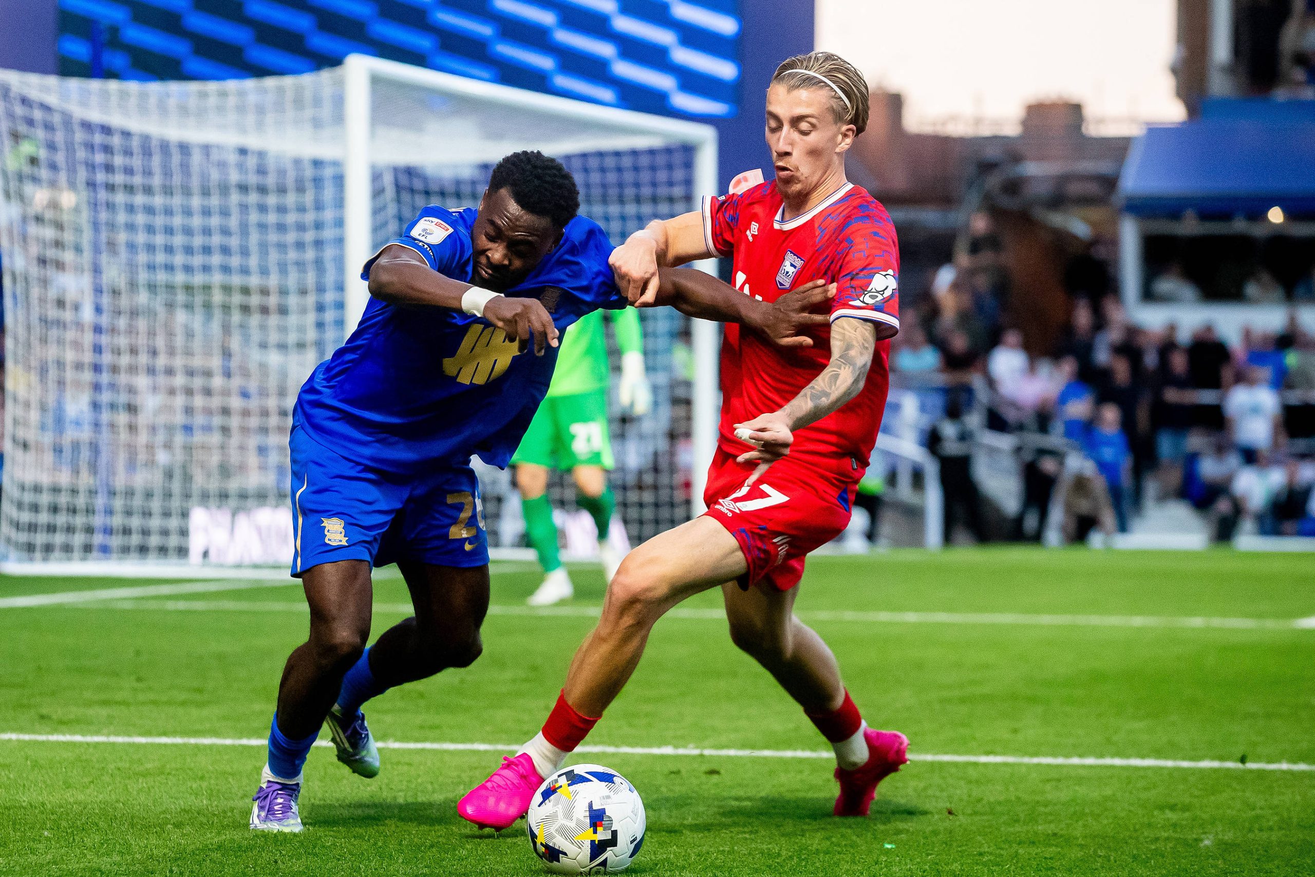 Bright Osayi-Samuel battles for possession with Jack Clarke during the EFL Sky Bet Championship match between Birmingham City and Ipswich Town