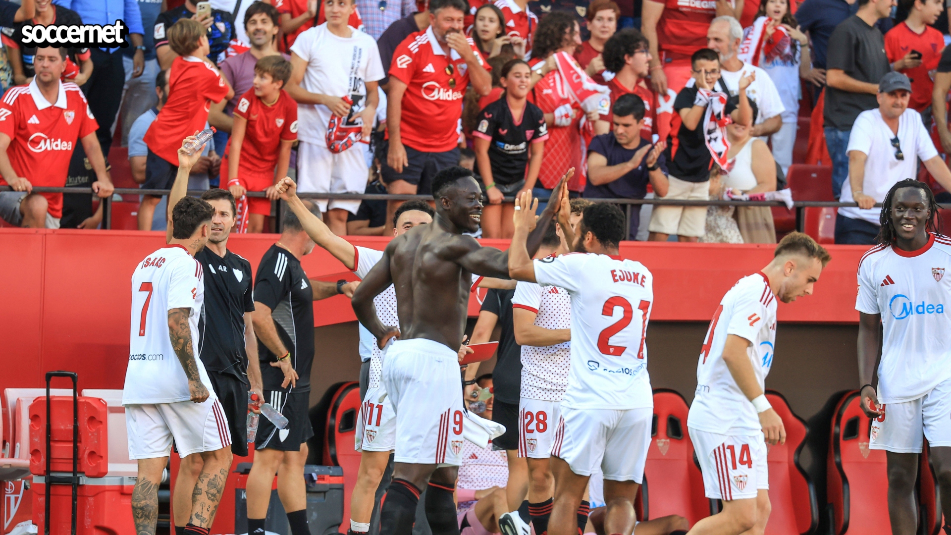 Akor Adams, Chidera Ejuke, Sevilla players celebrating goal against Barcelona