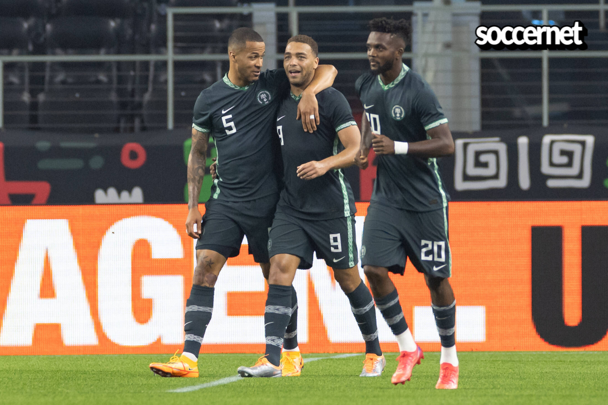 Cyriel Dessers, William Troost-Ekong and Chidozie Awaziem celebrate after a goal during the international soccer match between Mexico and Nigeria