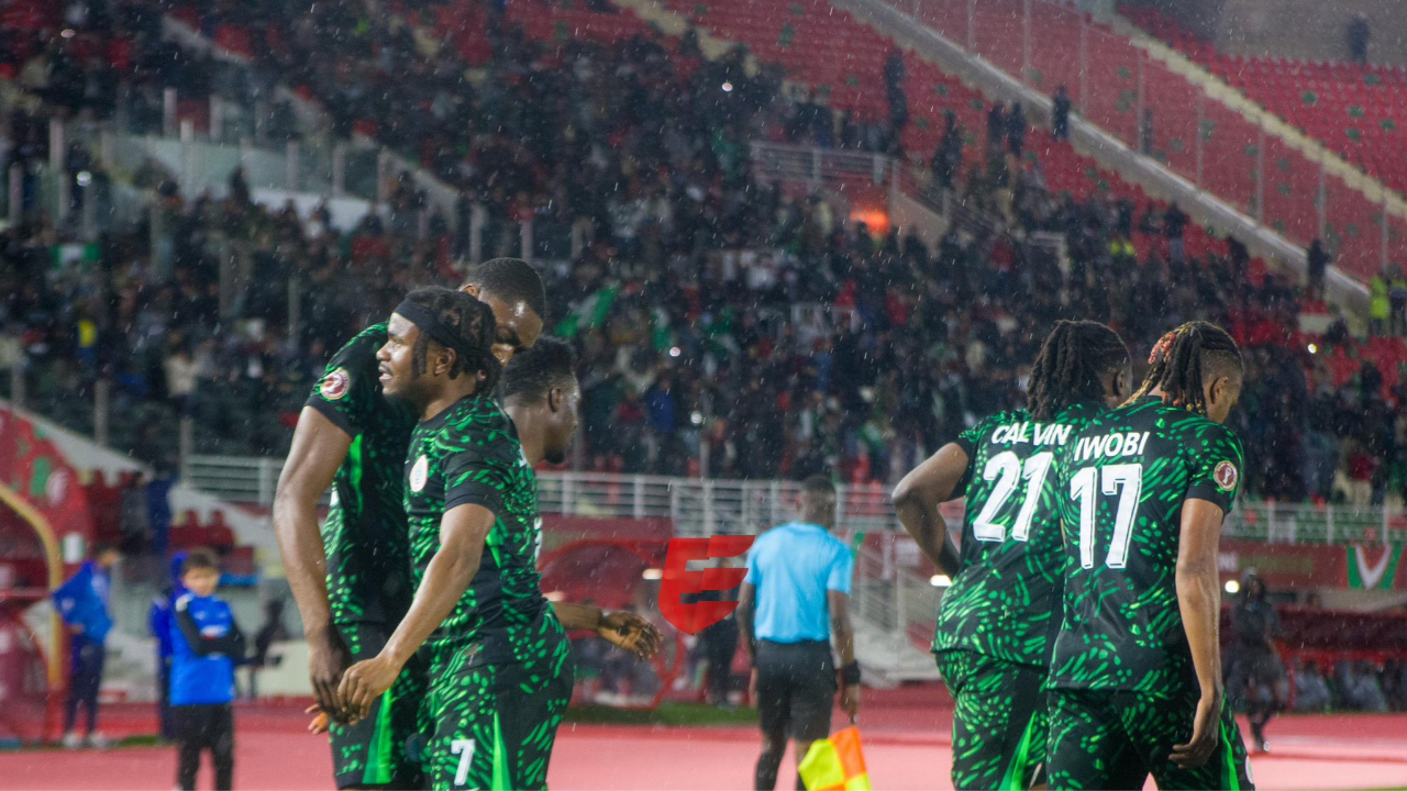 Super Eagles of Nigeria celebrate their second goal against Tanzania