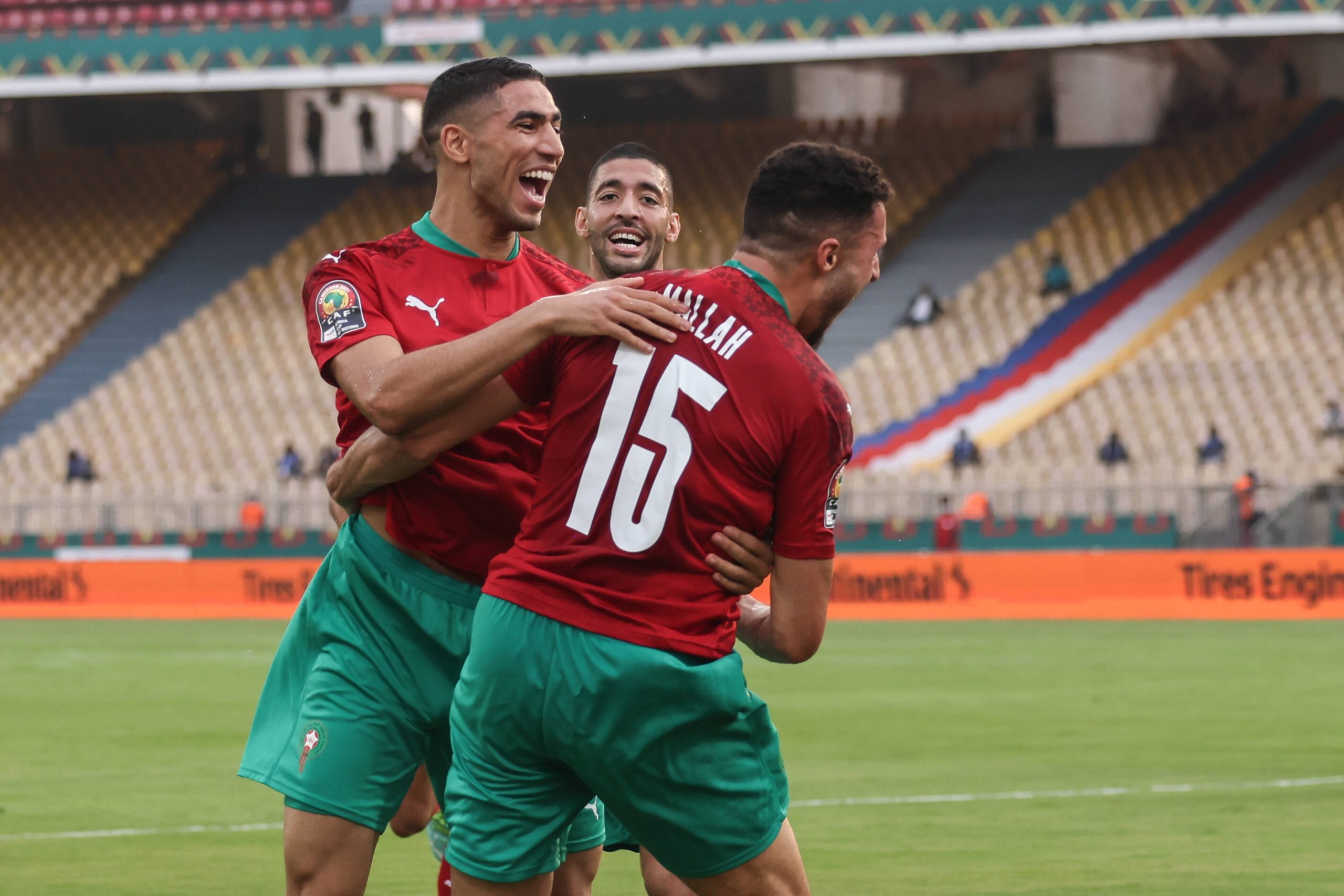Selim Amallah celebrates with Achraf Hakimi after scoring 1st goal during the 2021 Afcon group C match between Morocco and Comoros