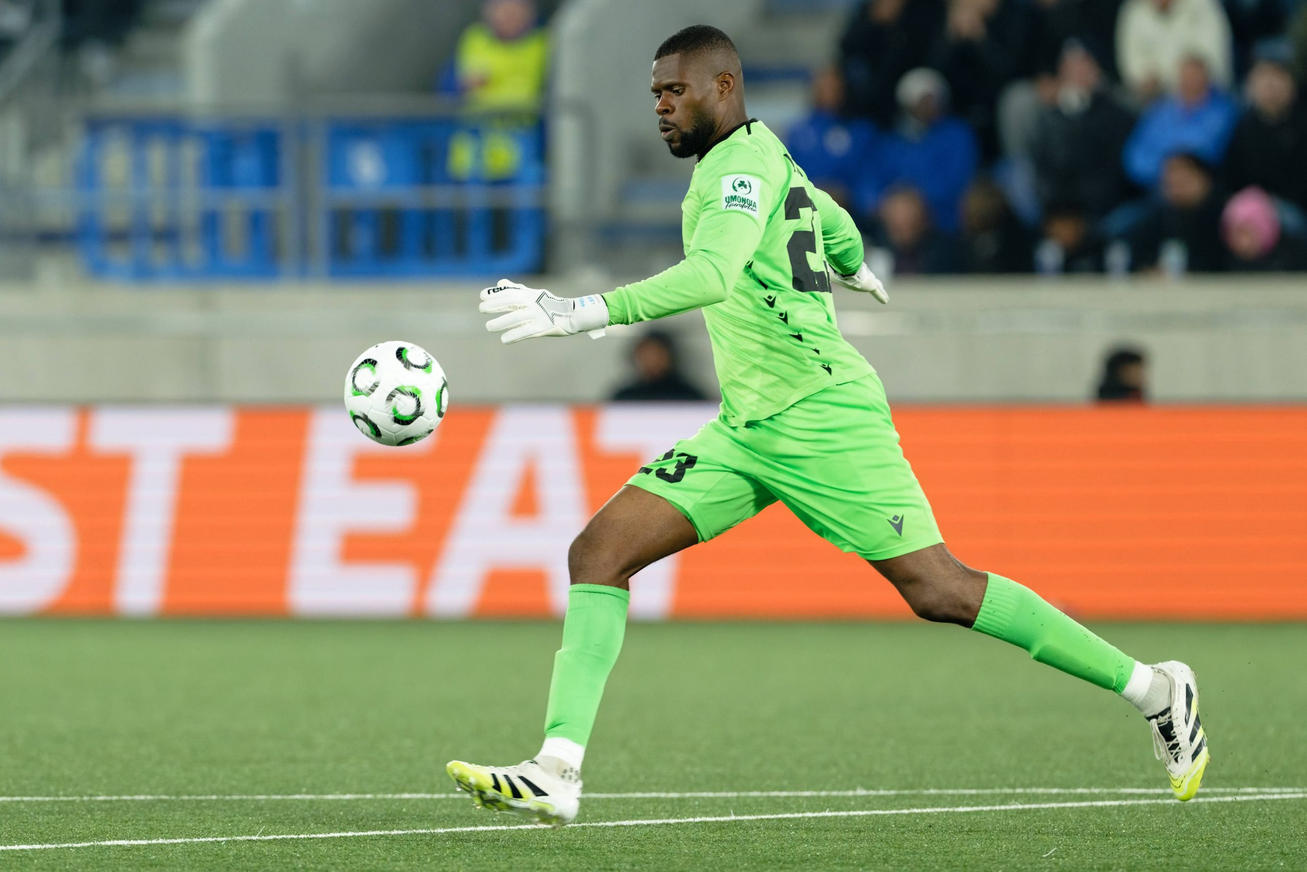Francis Uzoho shoots the ball action during the UEFA Conference League match between Lausanne and Omonia