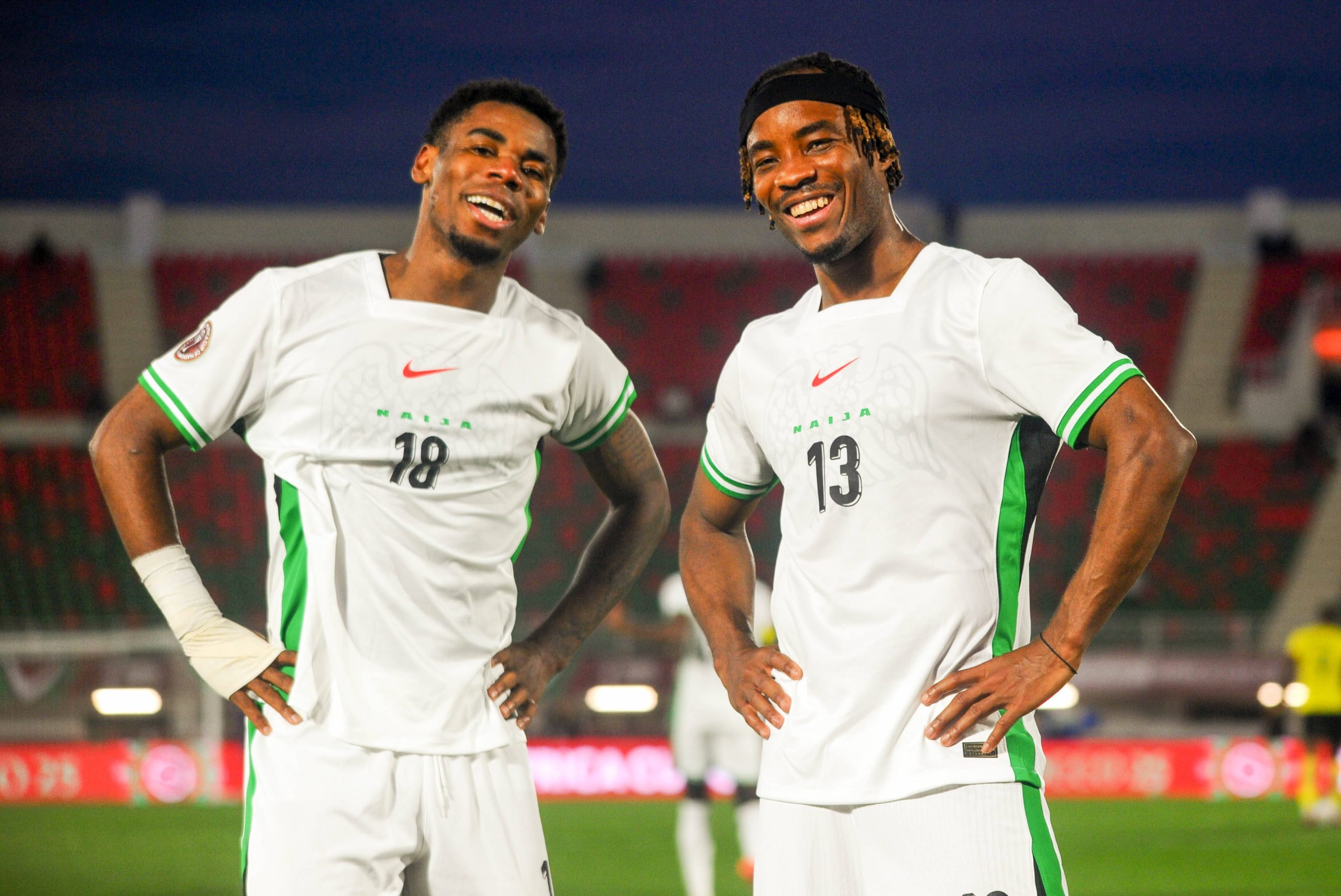 Raphael Onyedika celebrates his goal with Bruno Onyemaechi during the Africa Cup of Nations AFCON match between Uganda and Nigeria 