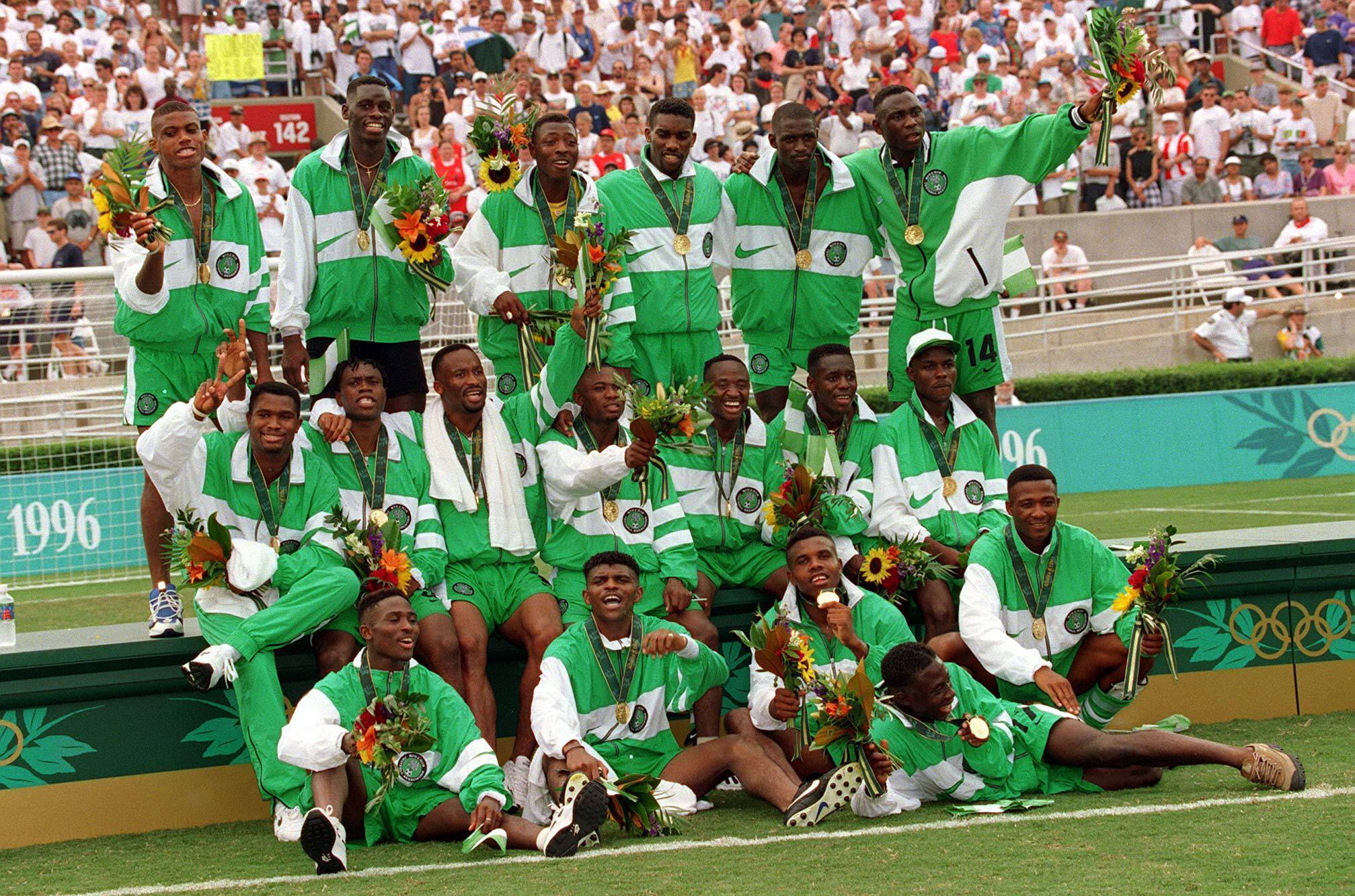 Nigeria team with Gold Medals Daniel Amokachi Emmanuel Amuneke Tijani Babangida Emmanuel Babayaro GK Celestine Babayaro  Fatusi Victor Ikpeba Joseph Dosu GK Nwankwo Canoe Garba Lawal Abiodon Obafemi Kingsley Obiekwu Uche Okechukwu Jay Jay Okocha Sunday Oliseh Mobi Oparaku Wilson Oruma Taribo West. Olympic Final