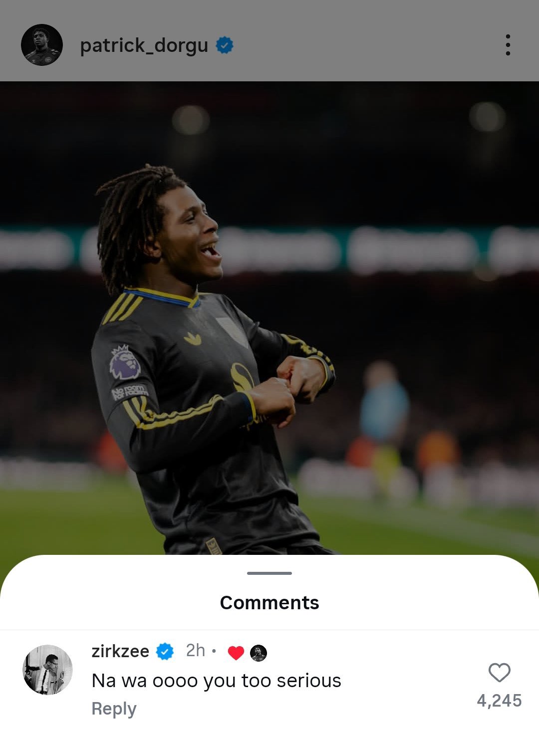 Joshua Zirkzee's comments on Patrick Dorgu's goal against Arsenal