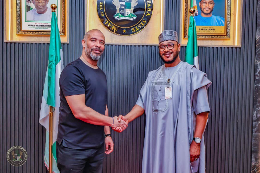 Eric Chelle with Zamfara State Governor, Dauda Lawal Dare