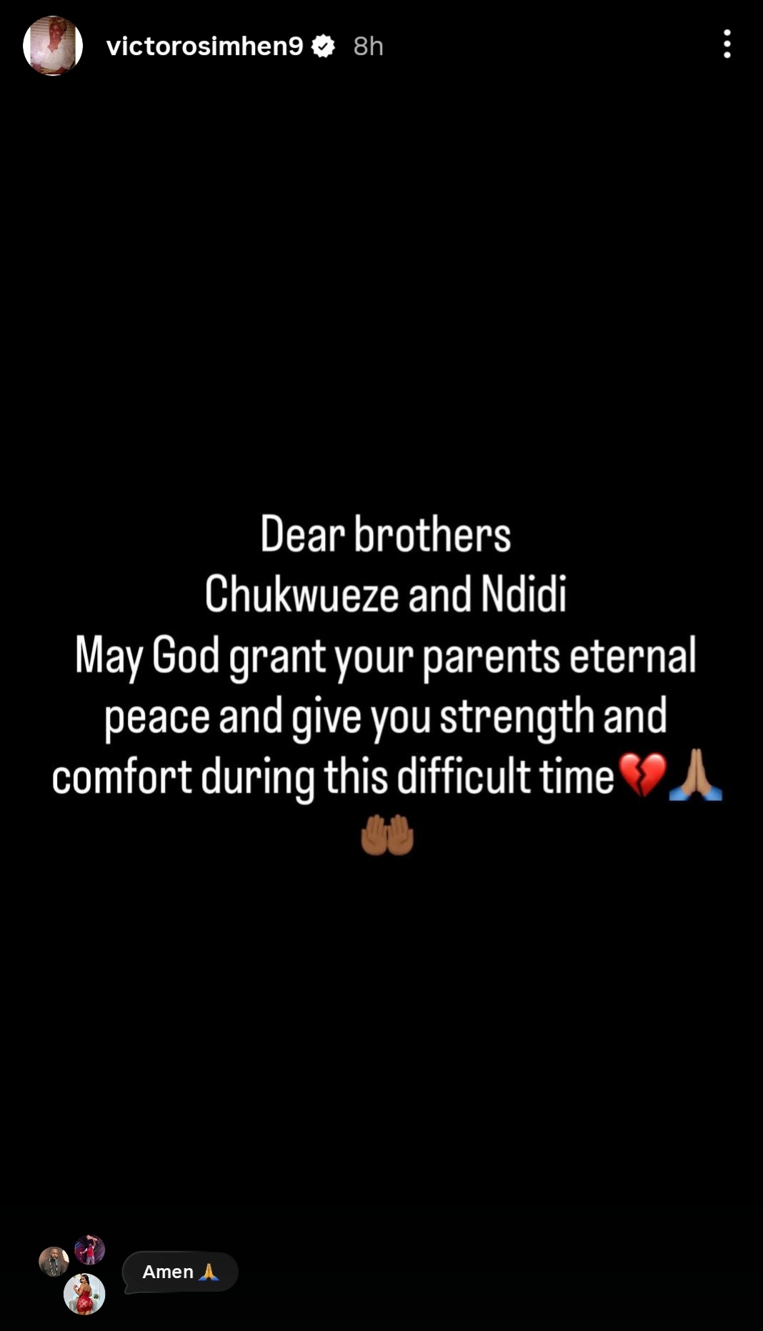 Victor Osimhen's condolence message to Ndidi and Chukwueze