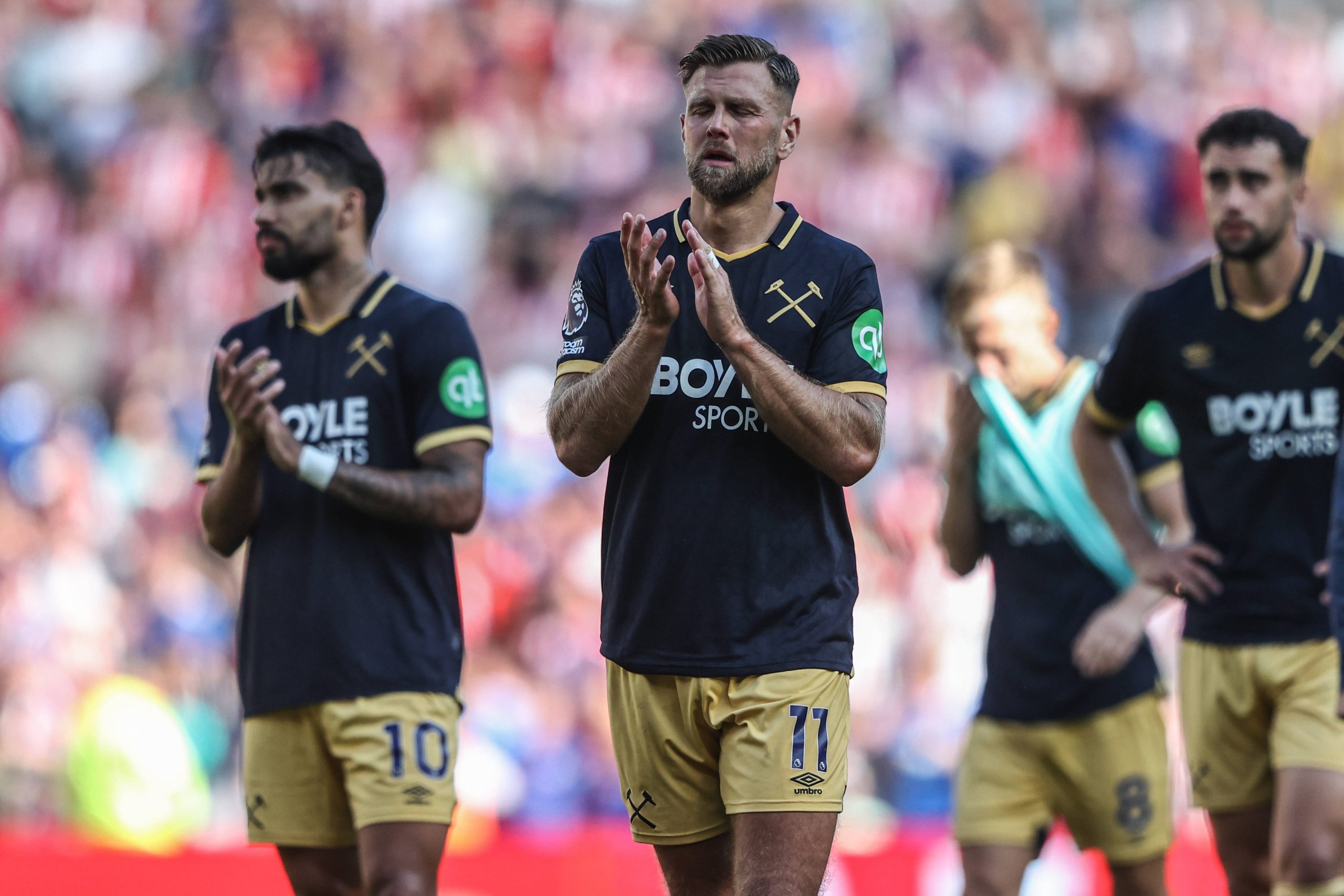 Niclas Füllkrug applauds the fans after the game during the Premier League match Sunderland vs West Ham United