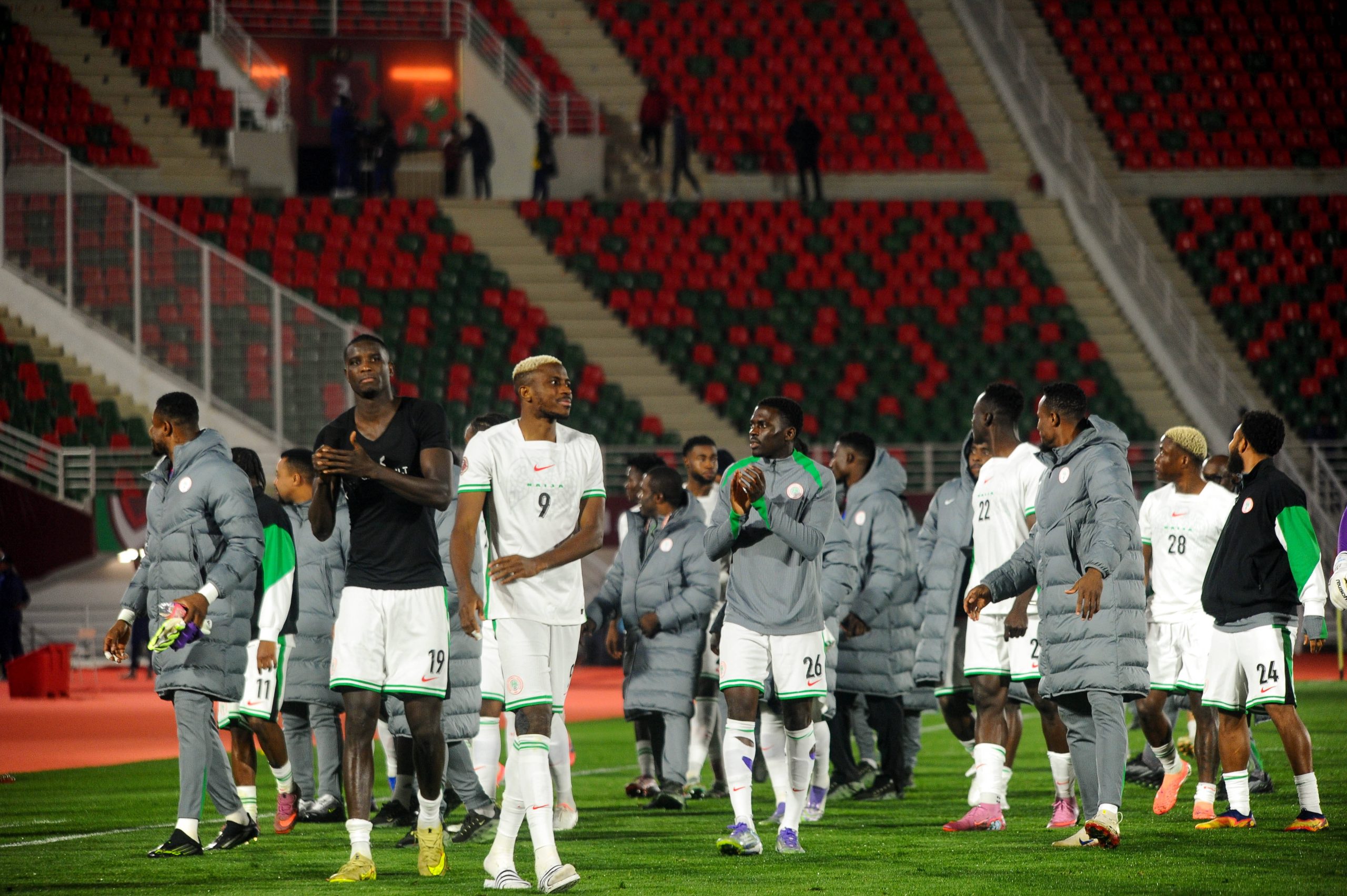 Francis Uzoho, Paul Onuachu, Ryan Alebiosu, Calvin Bassey, Raphael Onyedika, Victor Osimhen,Moses Simon, Igoh Ogbu, Samuel Chukwueze, Bruno Onyemaechi and of Nigeria during the AFCON match between Uganda and Nigeria