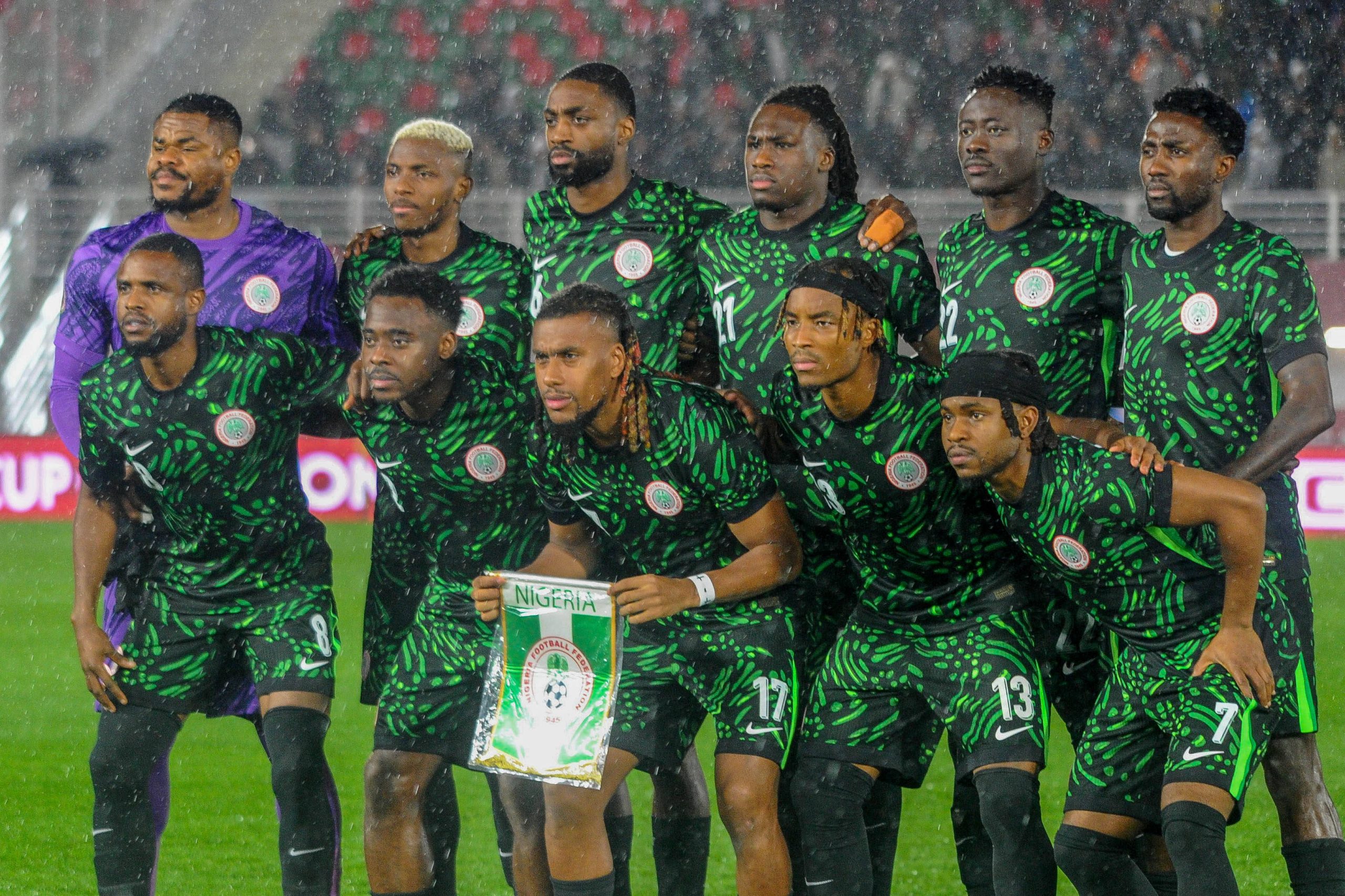 Super Eagles Stanley Nwabali, Victor Osimhen, Semi Ajayi, Calvin Bassey, Akor Adams, Wilfred Ndidi. Frank Onyeka, Bright Osayi Samuel. Alex Iwobi, Ademola Lookman and Bruno Onyemaechi of Nigeria during the Africa Cup of Nations AFCON match between Nigeria and Mozambique on January 5ft, 2026 at Complexe Sportif De Stade, Morocco