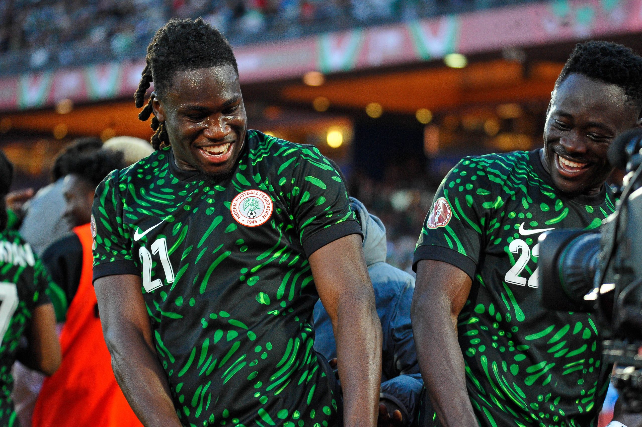Akor Adams, Calvin Bassey celebrate goal during the AFCON match between Algeria and Nigeria