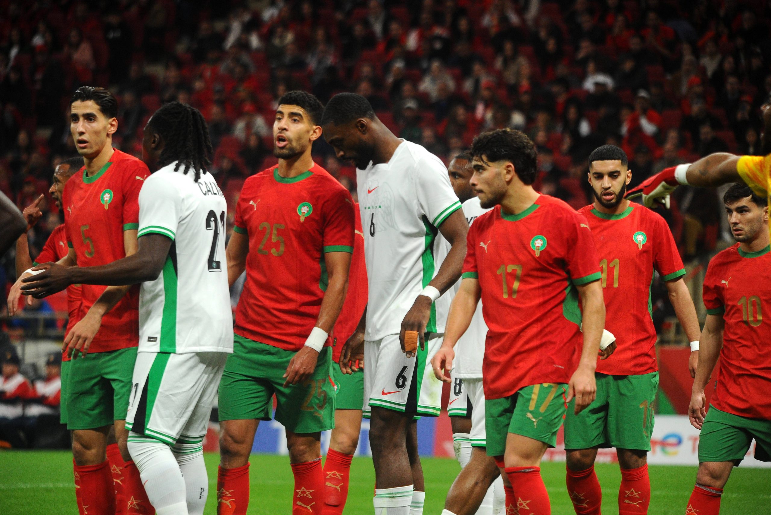 Calvin Bassey, Semi Ajayi and Adam Masina, Abdessamad Ezzalzouli, Nayef Aguerd, Morocco during AFCON 2025 game between Super Eagles and Morocco