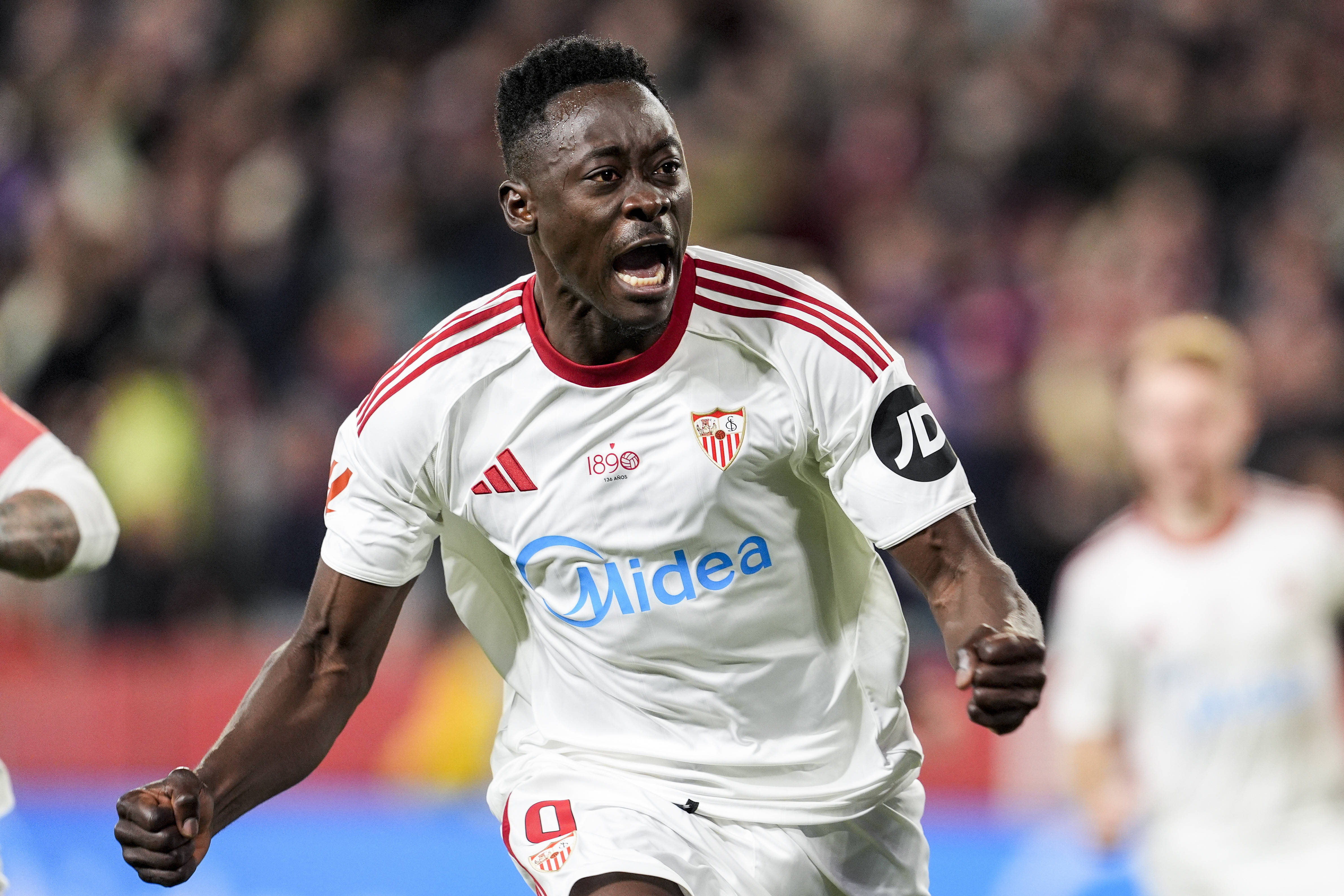 Akor Adams celebrates a goal during the Spanish league match played between Sevilla FC and Athletic Club