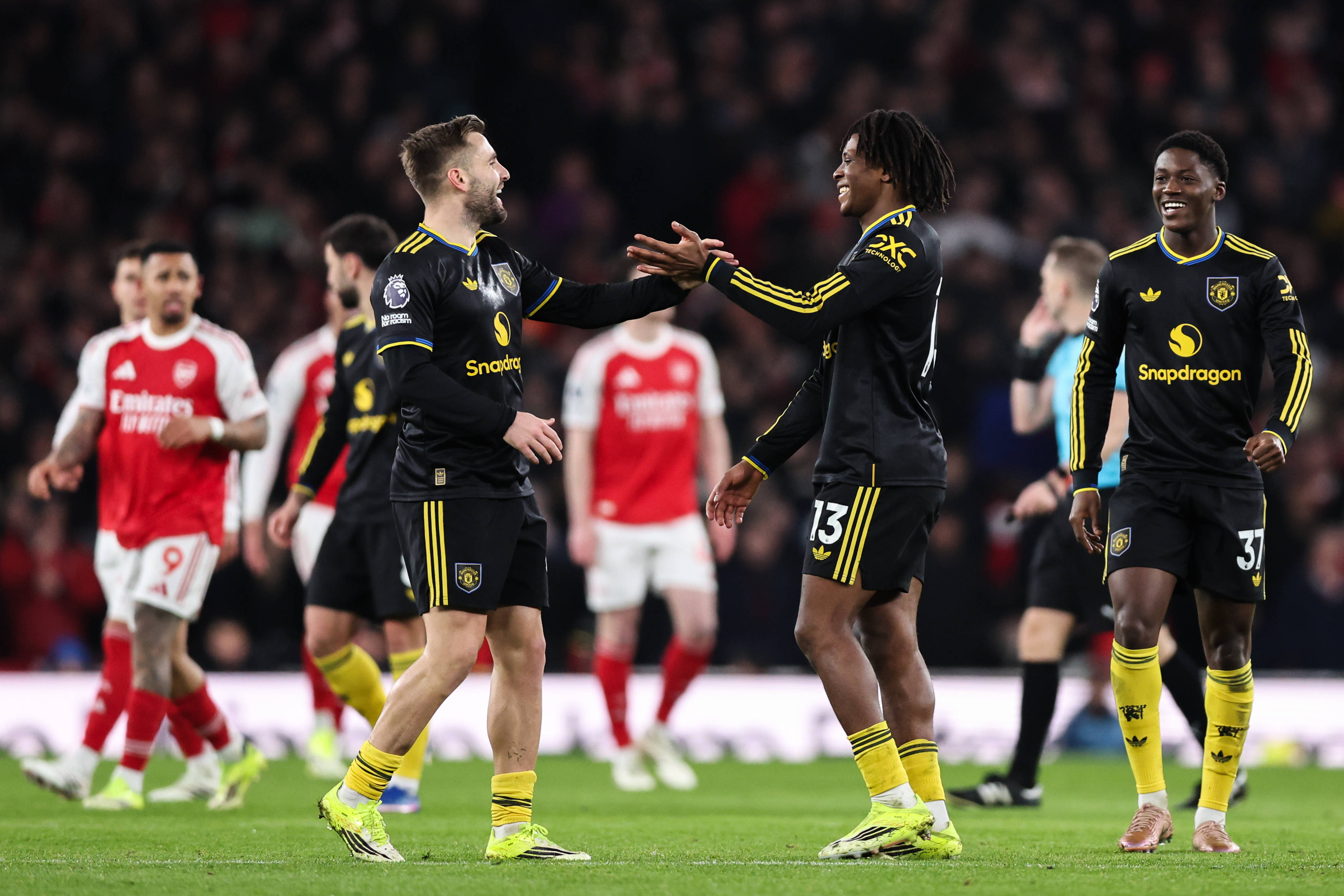 Patrick Dorgu celebrates his goal to make it 1-2 during the Arsenal vs Manchester United Premier League match