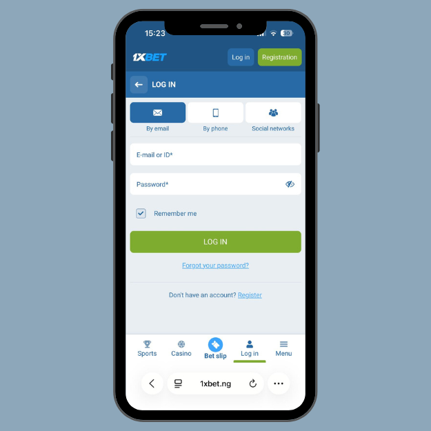 1xbet login page with Email or ID and password fields.